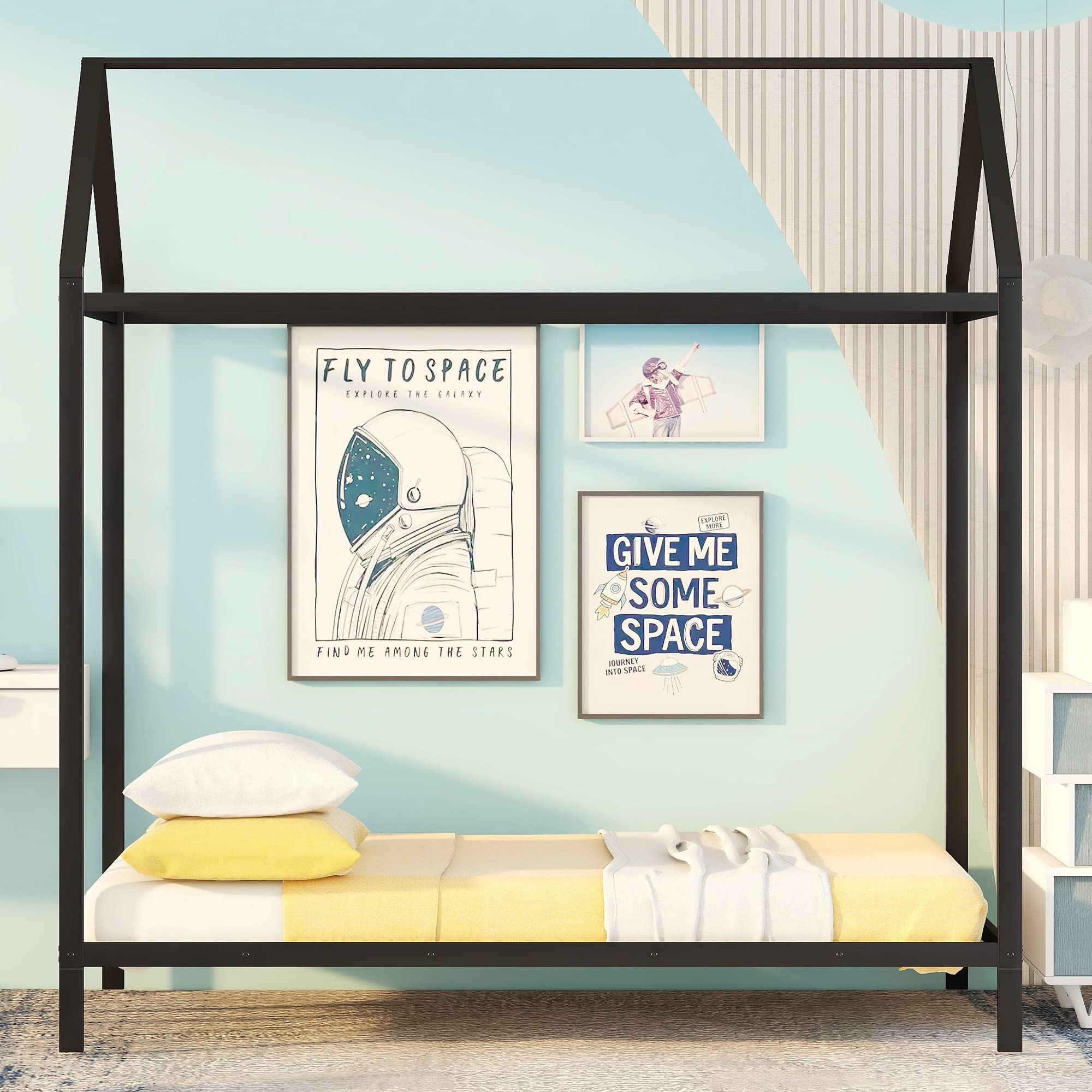 Montessori Twin Bed for Kids - Metal House Bed Frame with Roof for Boys & Girls - Black Floor Bed for Children's Bedroom (Box Spring Needed) - Perfect for Montessori Rooms, Playrooms & Small Spaces