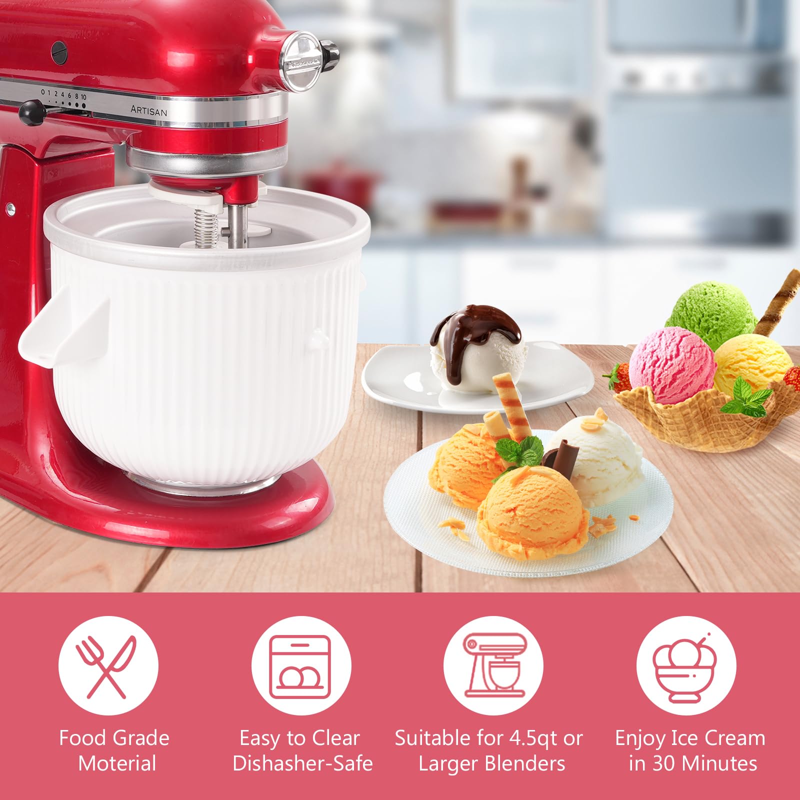KitchenAid Ice Cream Maker Attachment - Compatible with 4.5 QT & Larger Stand Mixers, 2-Quart Frozen Yogurt & Sorbet Gelato Maker, Dishwasher Safe - Perfect for Homemade Desserts & Summer Treats
