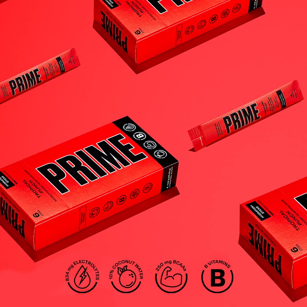 PRIME HYDRATION+ Sticks TROPICAL PUNCH - Electrolyte Powder Packets for Hydration On The Go | Low Sugar, Caffeine-Free, Vegan | 6 Single Serve Sticks | Perfect for Workouts, Travel & Outdoor Activities