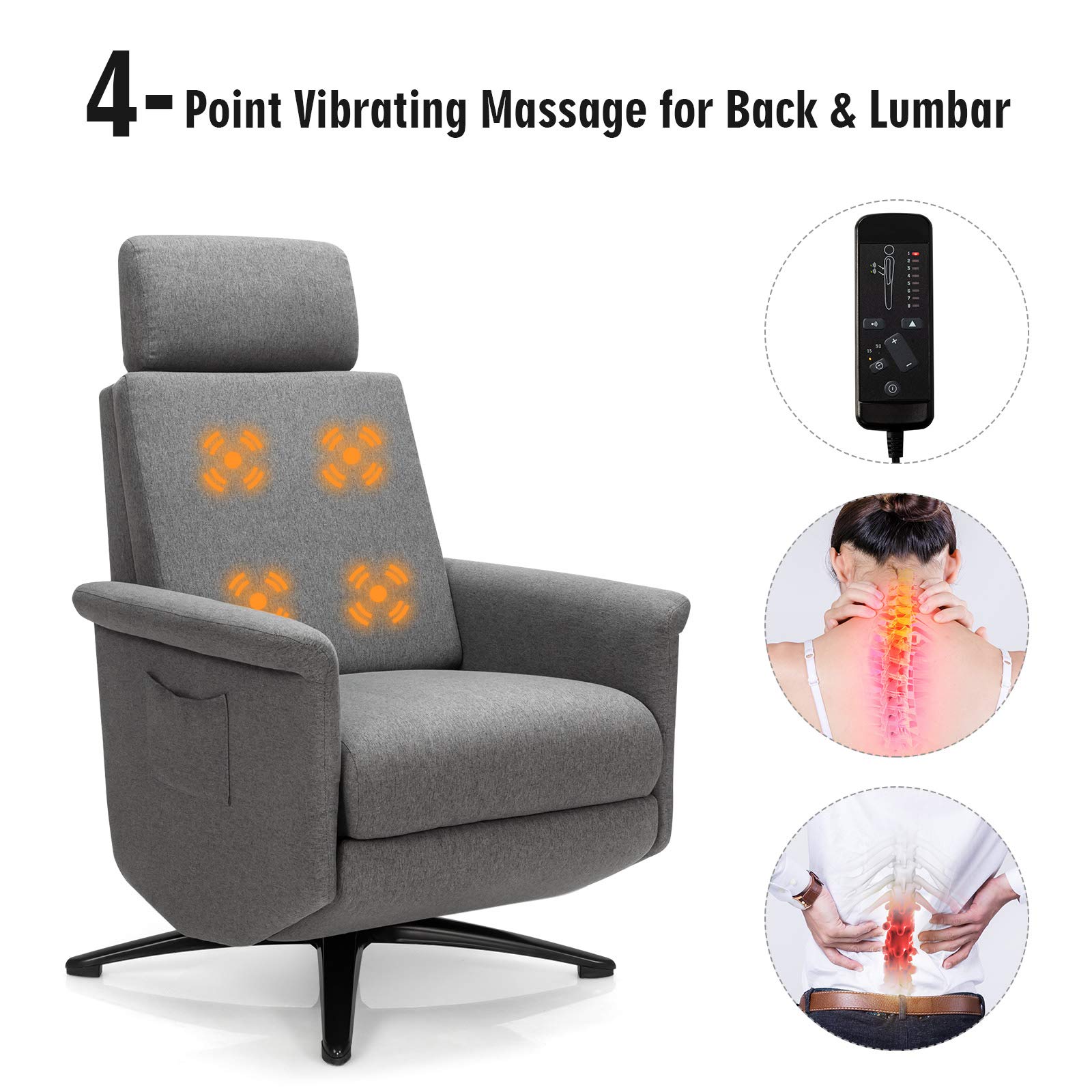 Giantex Recliner Chair with Vibration Massage - 360° Swivel Reclining Sofa Chair with Adjustable Headrest & Footrest, Ergonomic Design with Side Pocket & Remote Control - Perfect for Living Room, Home Theater, Office & Gaming Setup