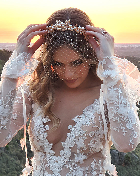 Elegant Pearl Clustered Bridal Headband with Optional Crystal Birdcage Veil - Breeanna Glam by Kezani | Perfect for Weddings, Prom, and Formal Events