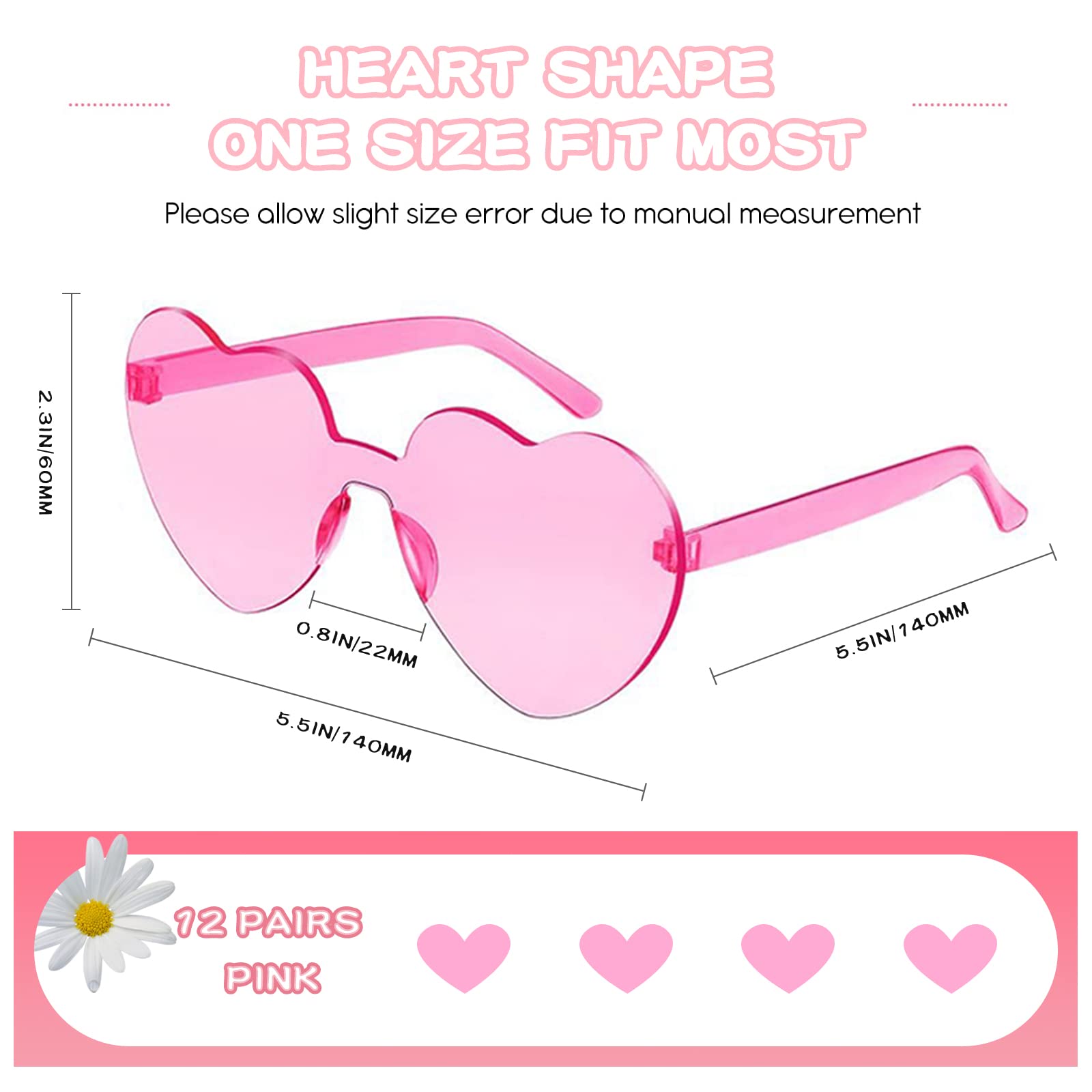 Pibupibu 12 Pack Heart Shaped Sunglasses for Women - Colorful Rimless Transparent UV Protection Sunglasses - Perfect for Bachelorette Parties, Bridal Showers, Beach Vacations & Summer Festivals