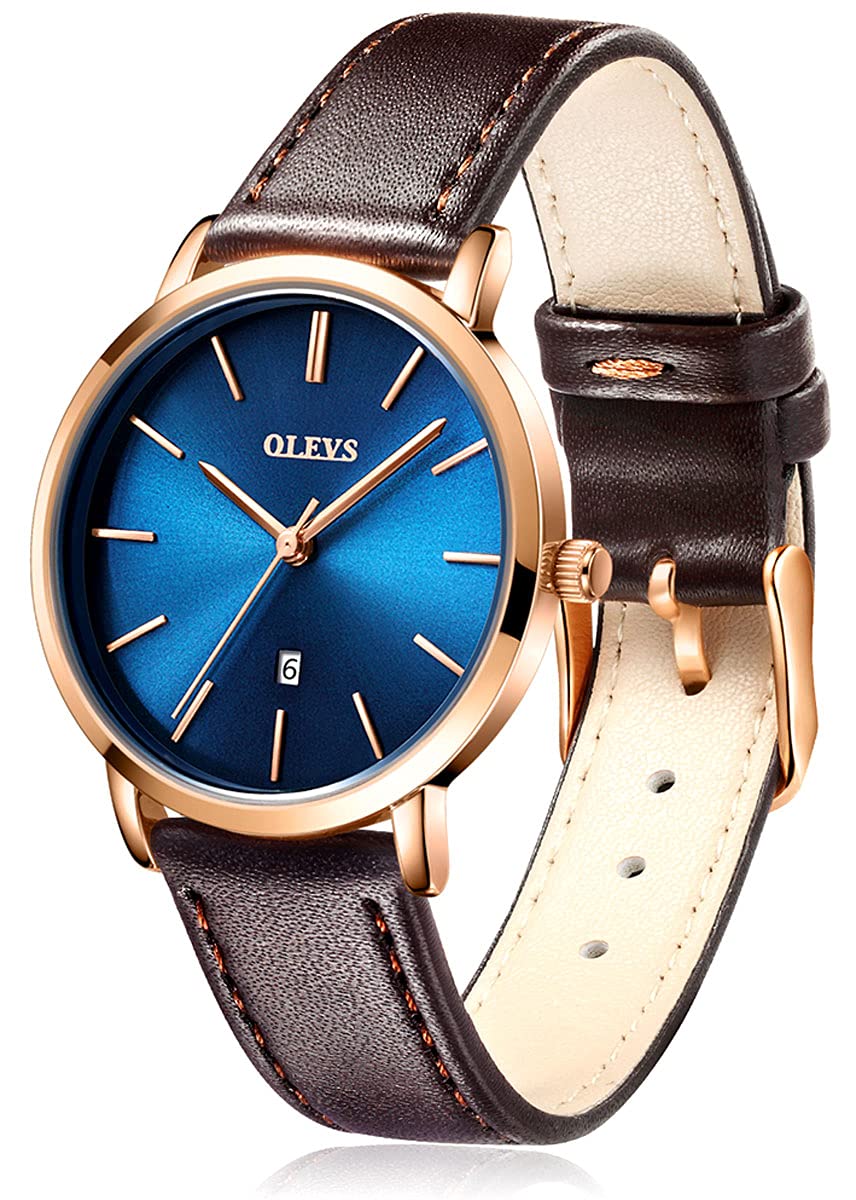 OLEVS Women's Waterproof Analog Quartz Watch - Ultra Thin Dark Brown Leather Strap with Date Calendar - Elegant Wristwatch for Everyday Wear, Office & Special Occasions - Perfect Gift for Women