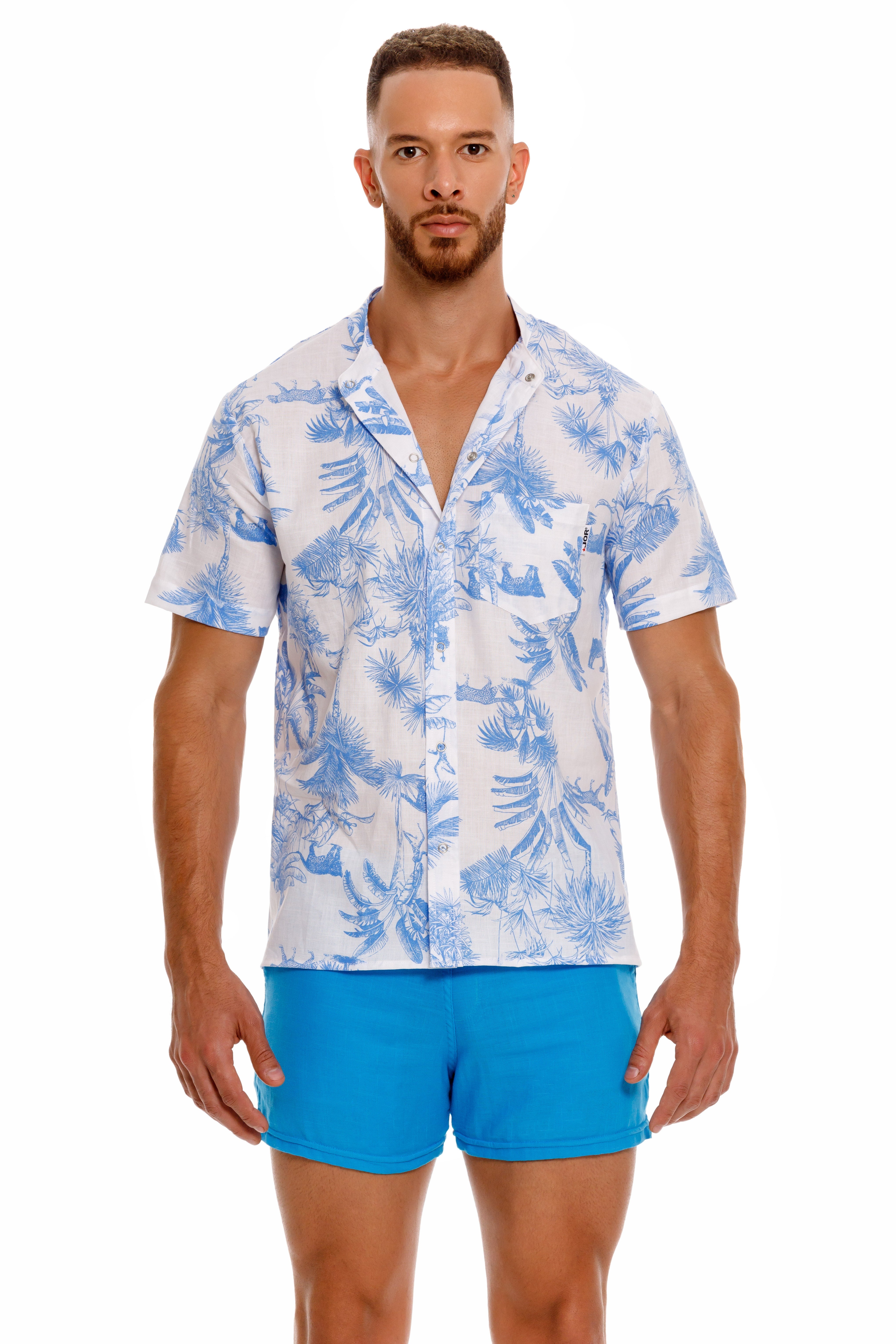 JOR Qatar Men's Short Sleeve Linen Shirt - Floral Blue Pattern - Breathable Summer Casual Wear for Beach & Outdoor Activities