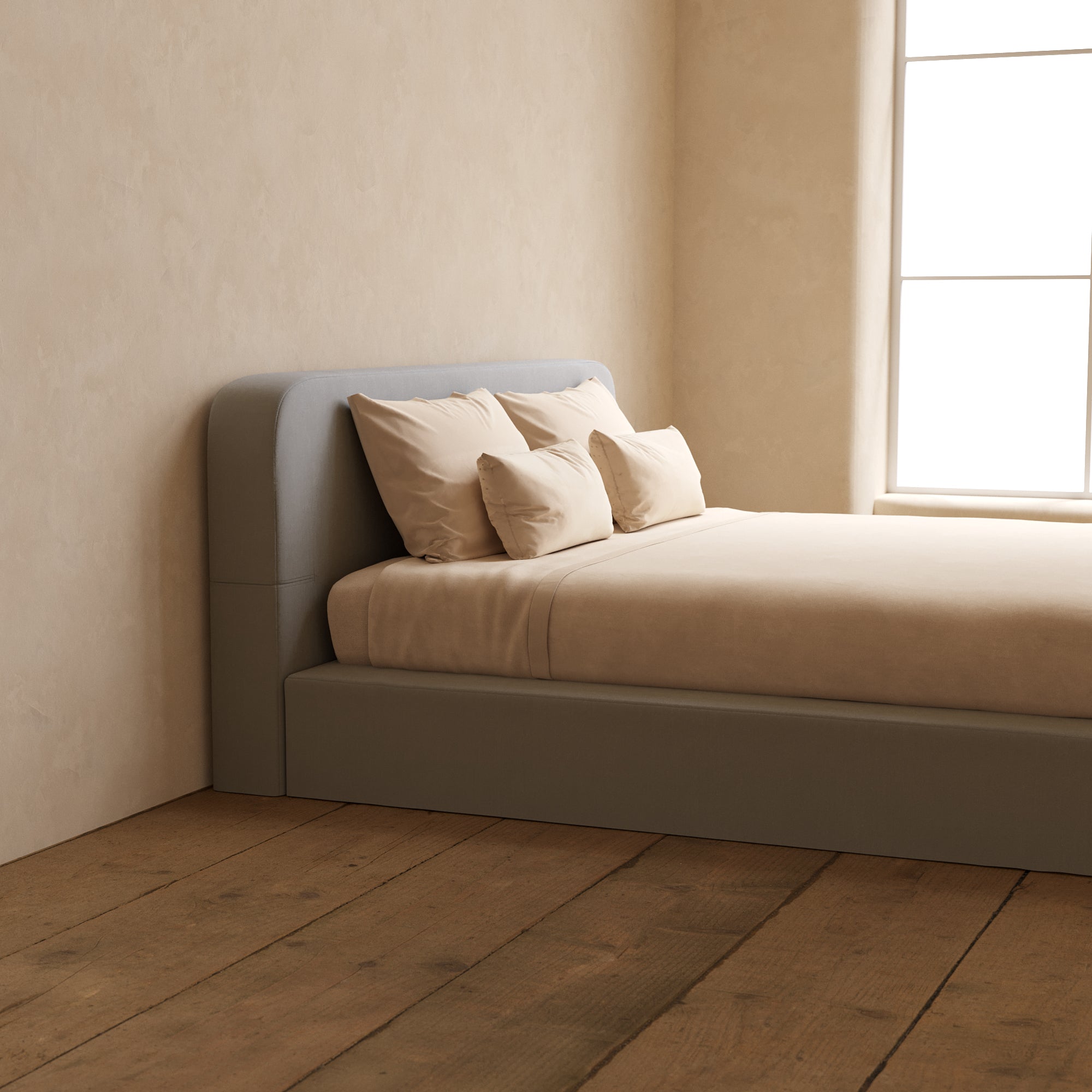 King Upholstered Platform Bed with Headboard - Micro Chenille Fabric in Pumice Color | Modern Bedroom Furniture for Master & Guest Rooms