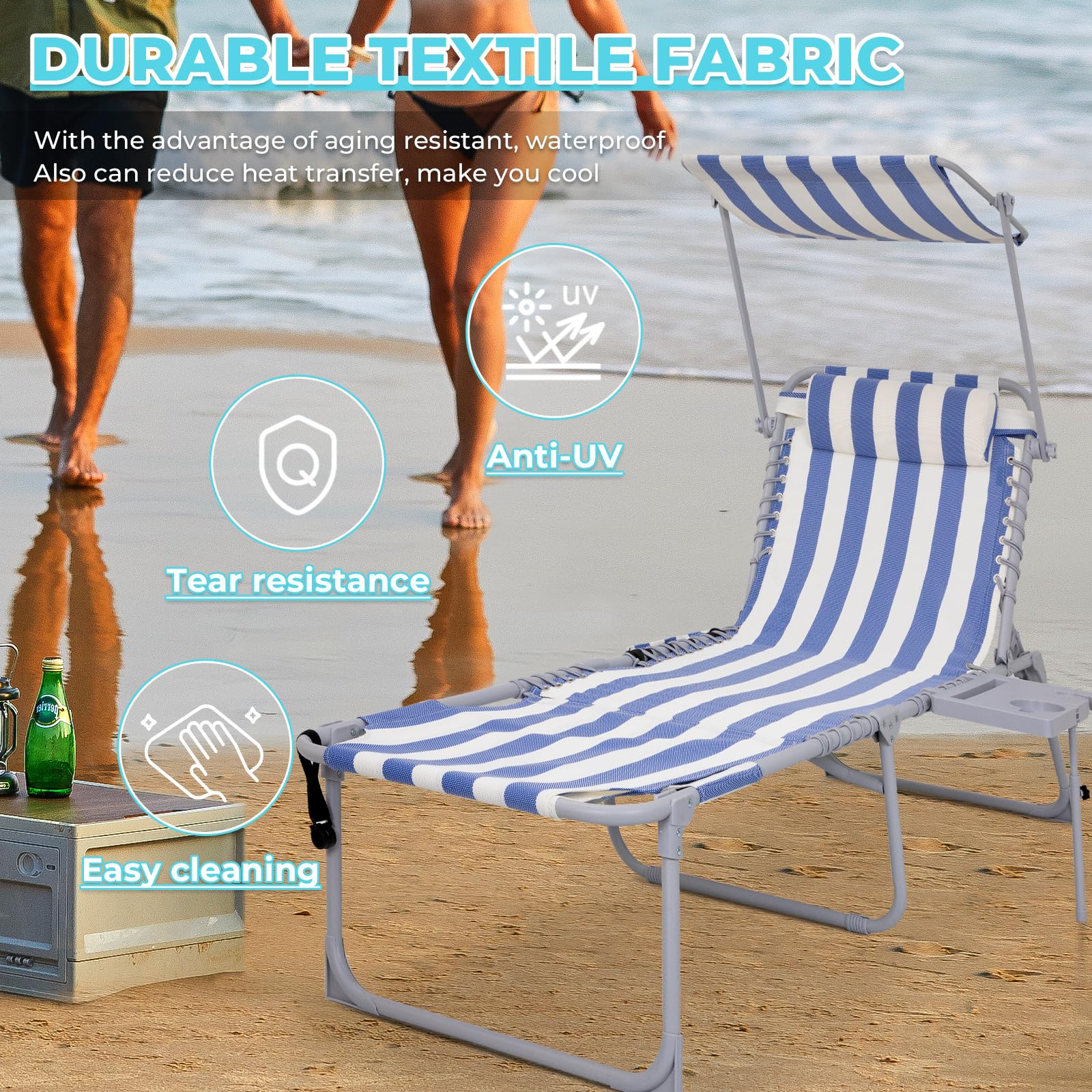 WEJOY Adjustable Patio Chaise Lounge Chair with Canopy & Side Table - 5-Position Recliner, Face Hole & Storage Pocket - Portable Folding Beach Chair for Poolside, Lawn, Camping & Sunbathing - Perfect for Outdoor Relaxation by the Pool, Beach or Backyard