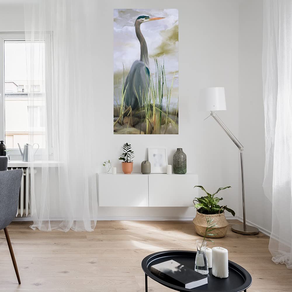 Blue Heron Canvas Wall Art - 21x40 Inch Hand-Painted Bird Painting, Fine Art Prints for Home & Office Decor | Nature-Inspired Wall Decor for Living Room, Bedroom & Office Spaces
