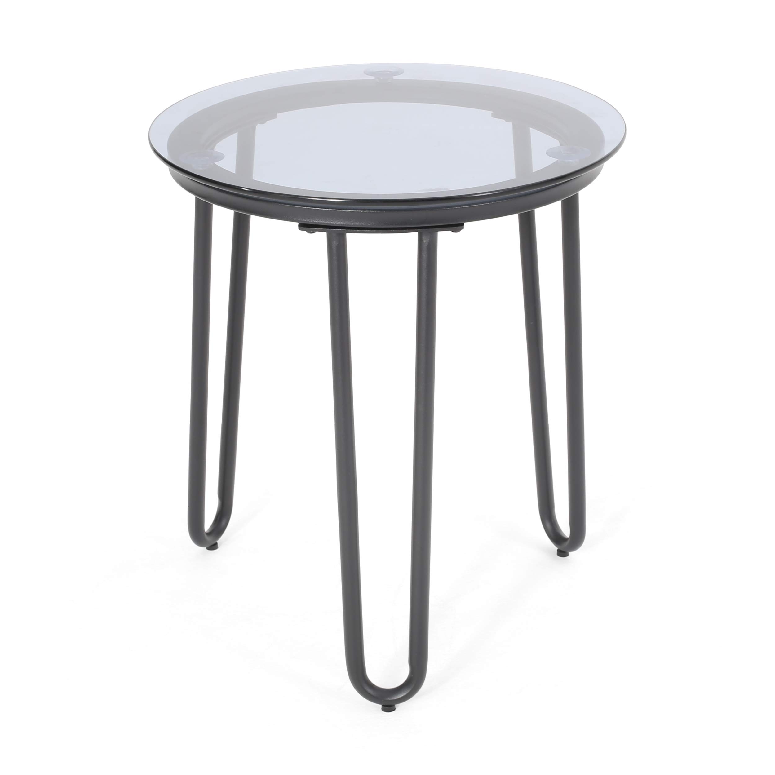 GDF Studio Modern Outdoor Side Table with Tempered Glass Top - Black Metal Patio End Table for Garden, Poolside, Balcony & Porch Furniture