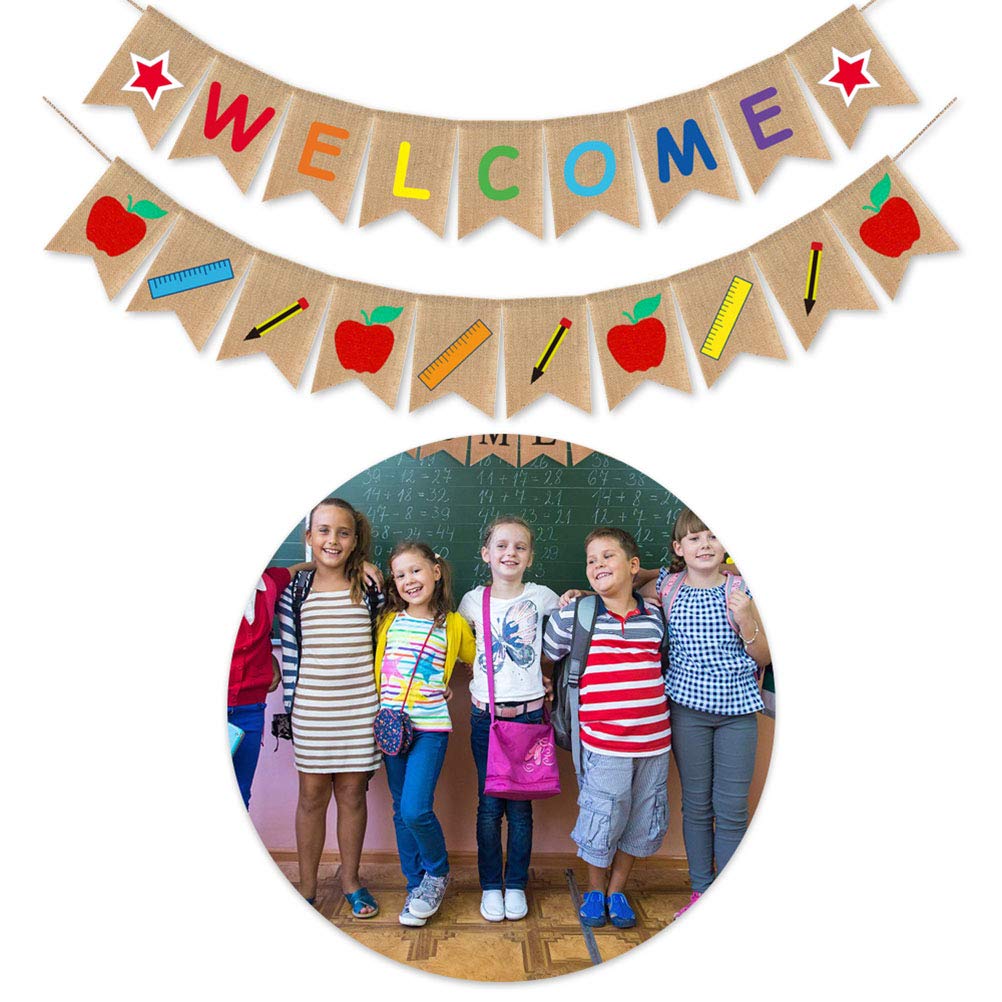 First Day of School Burlap Banner - Welcome Back Bunting for Classroom Decor, Party Pull Flag, Photo Props - Perfect for Back to School Decorations & Celebrations