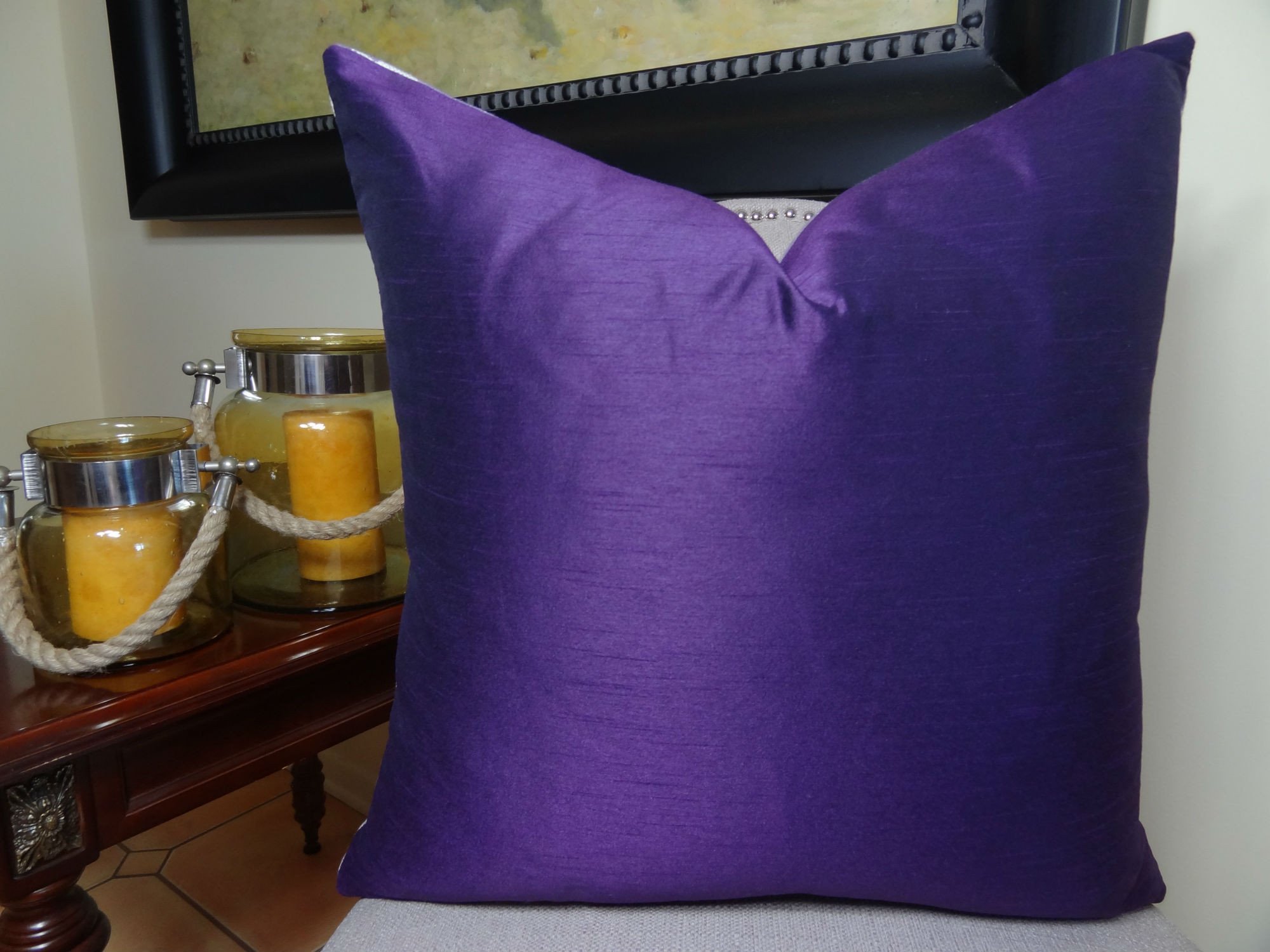 Violet Floral Throw Pillow - Purple & Cream Cotton Decorative Cushion for Sofa, Bed, Living Room | Handmade in USA | Home Decor Accent Pillow