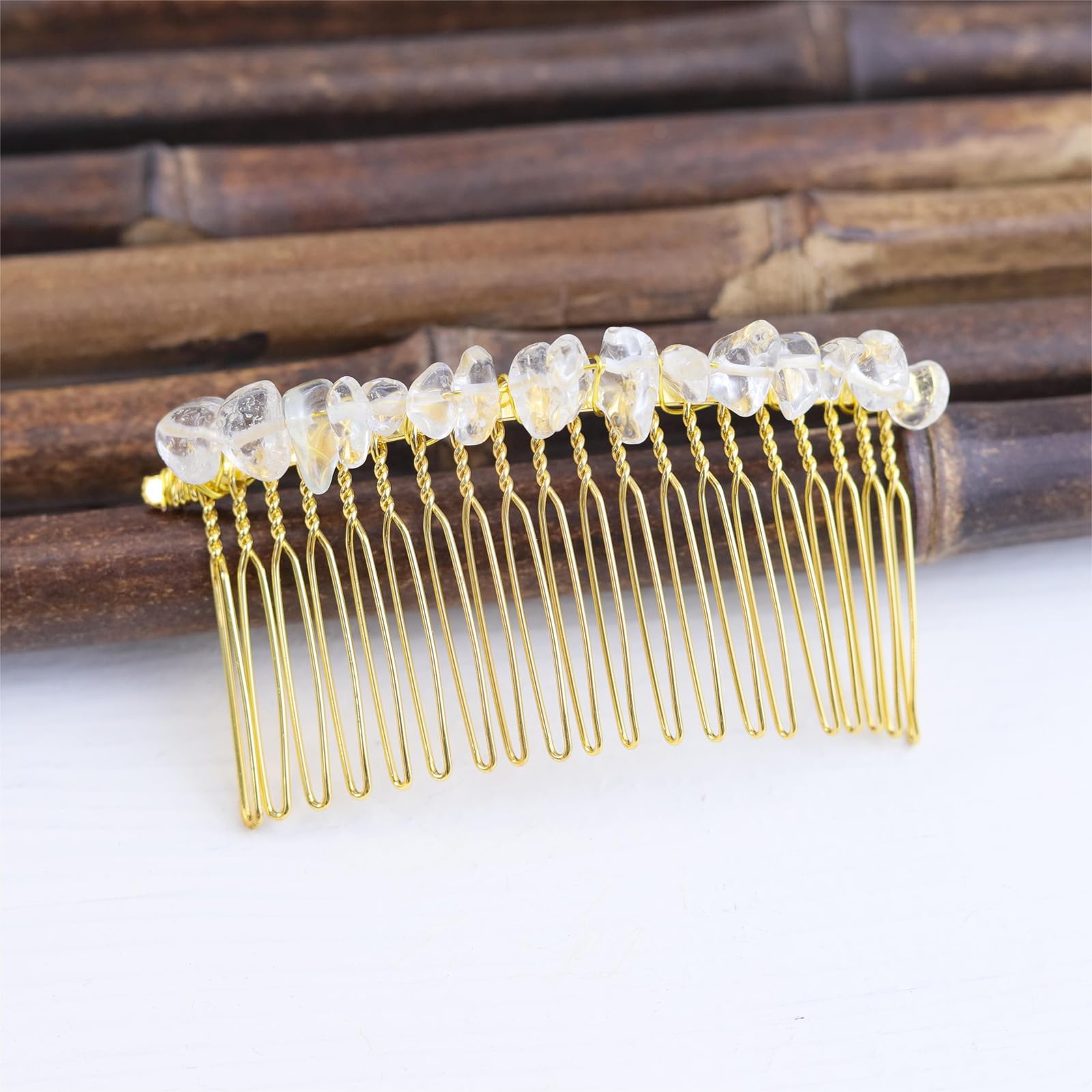 2Pcs Natural Stone Hair Combs - White Crystal Handmade Hair Accessories for Women, Wedding & Party Use