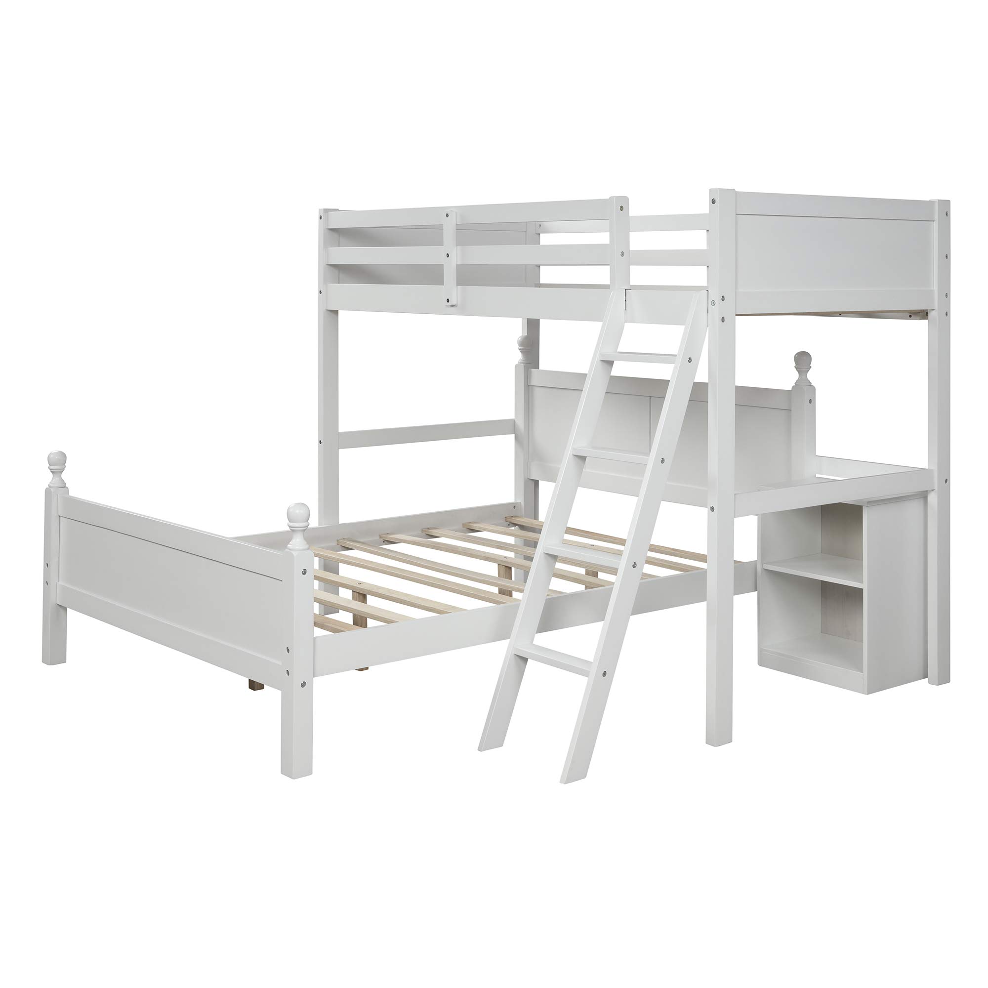 KLMM Twin Over Full Bunk Bed - Solid Wood Loft Bed Frame with Cabinet, Ladder & Guardrail | Convertible to 2 Separate Beds | Space-Saving Kids Bedroom Furniture (White) | Perfect for Small Rooms, Shared Kids Bedrooms & Guest Rooms