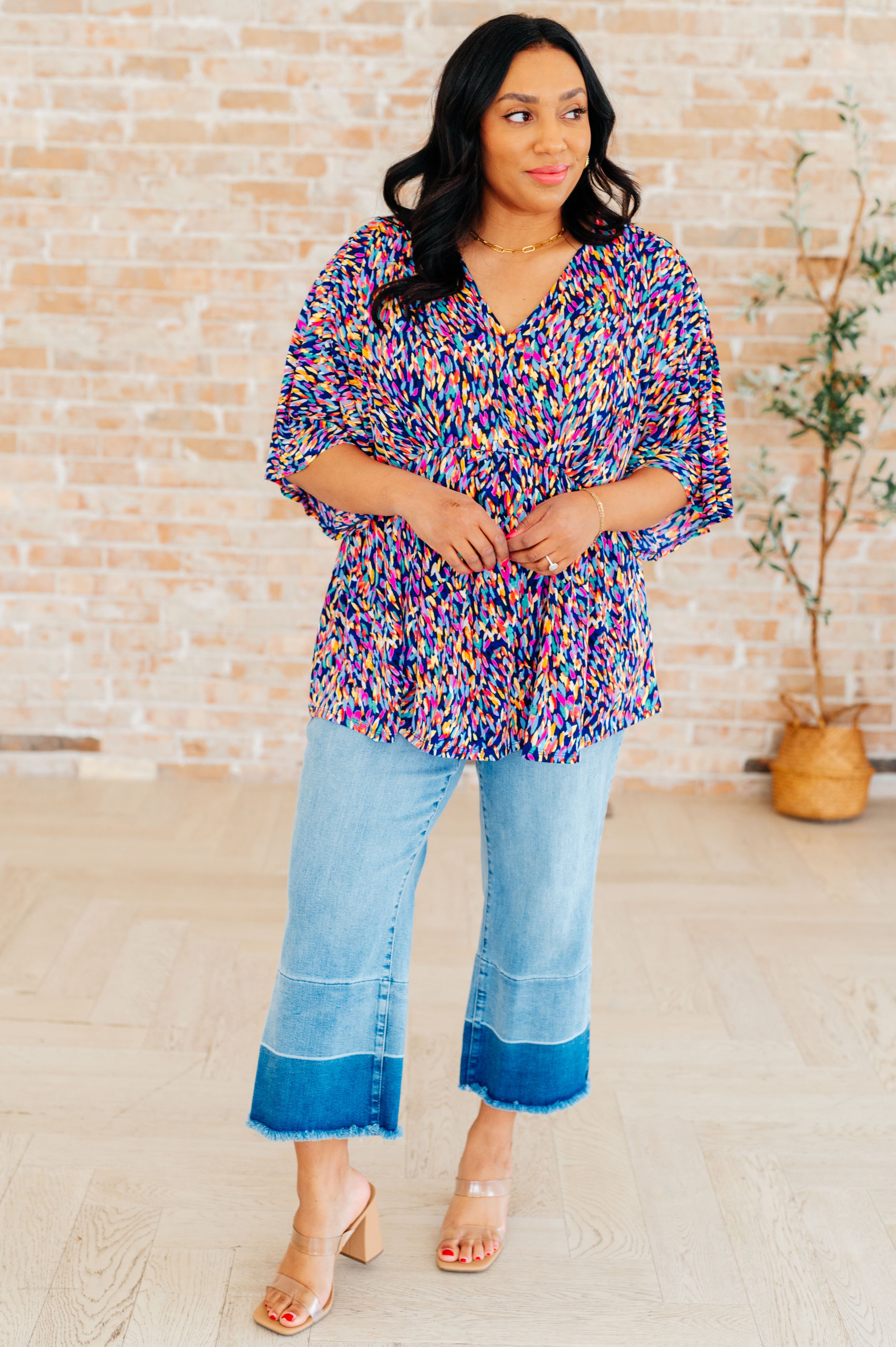 Dreamer Peplum Top in Painted Royal Multi - Flowy Women's Blouse for Casual Wear, Office & Date Night Outfits