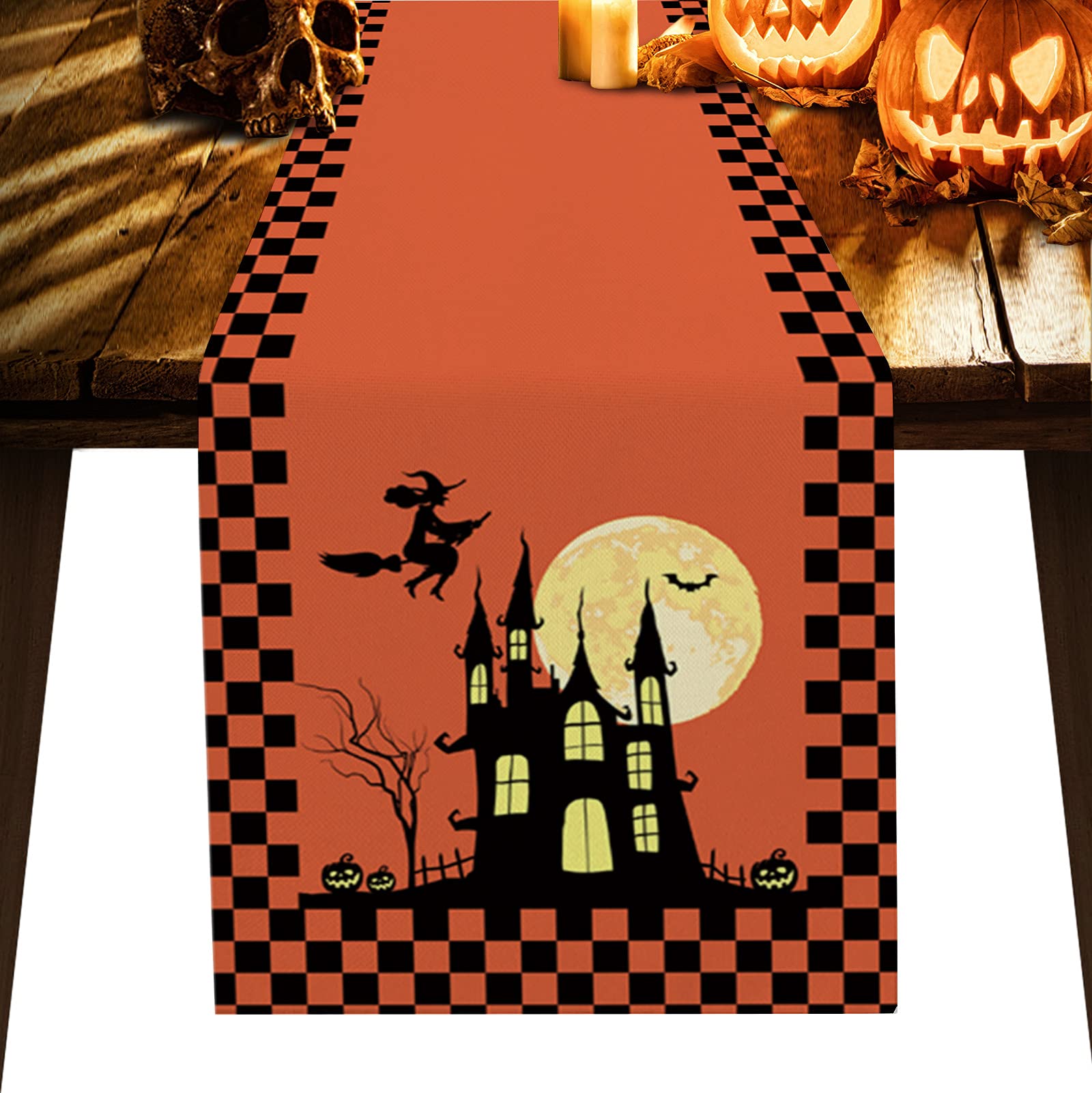 Halloween Castle Pumpkin Table Runner - 90 Inch Long Washable Orange Plaid Tablecloth for Round, Kitchen, Coffee, Dining & End Tables - Perfect for Halloween Decor, Thanksgiving & Fall Home Decor