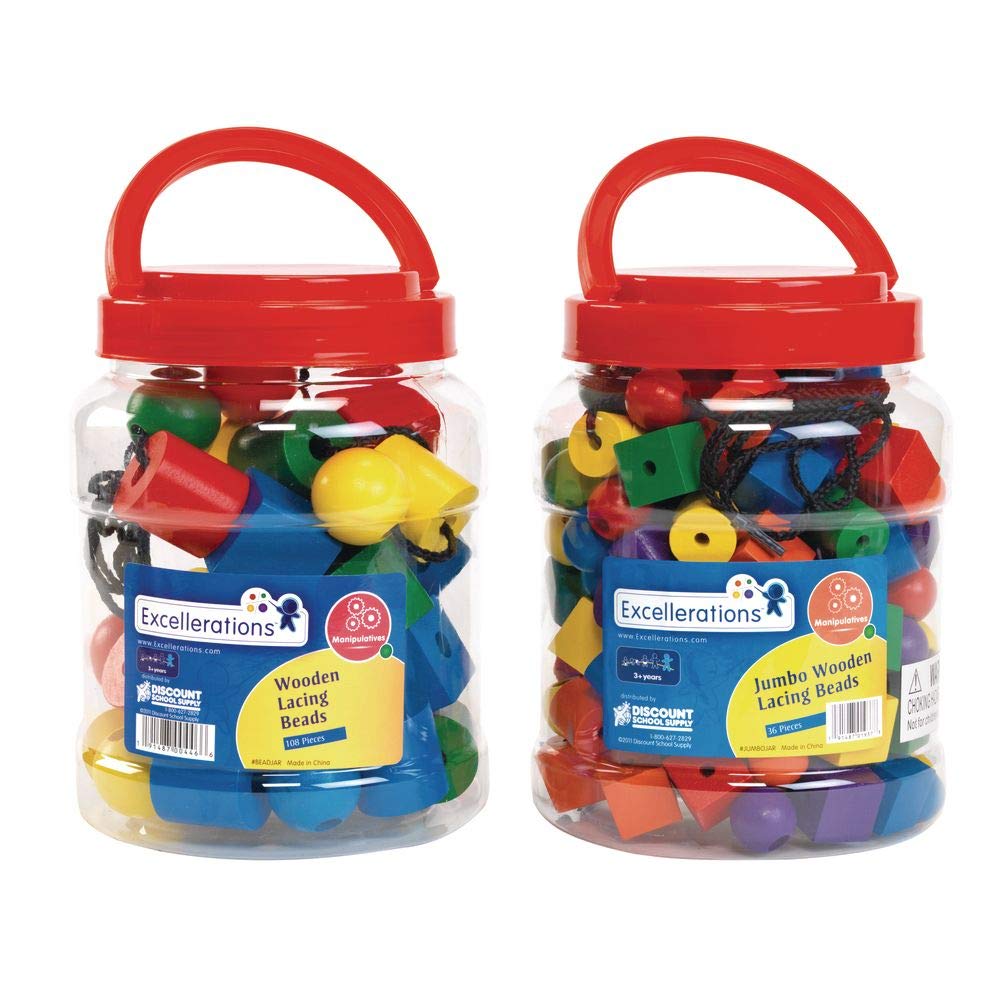 Excelleration Set of 2 Jumbo & Regular Lacing Beads with String - Fine Motor Skills Educational Toy for Preschool Kids | Perfect for Classroom Activities & Early Childhood Development