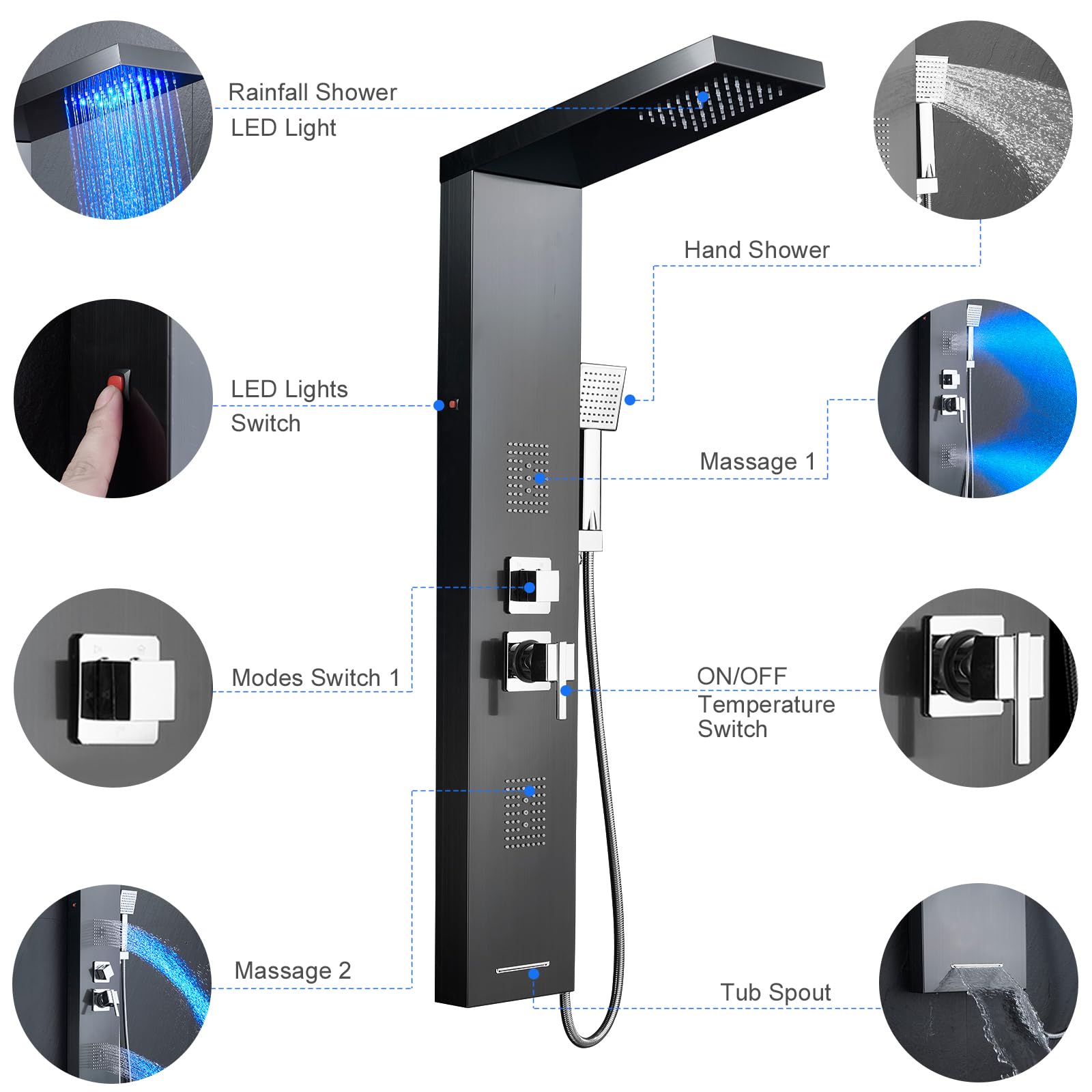 Premium Stainless Steel Shower Tower Panel System with LED Waterfall Shower - 5-in-1 Luxury Shower Panel with Rainfall Shower Head, 2-in-1 Body Jets, Handheld Showerhead & Bathtub Filler (Black) - Perfect for Modern Bathroom Renovation & Spa-Like Shower Experience