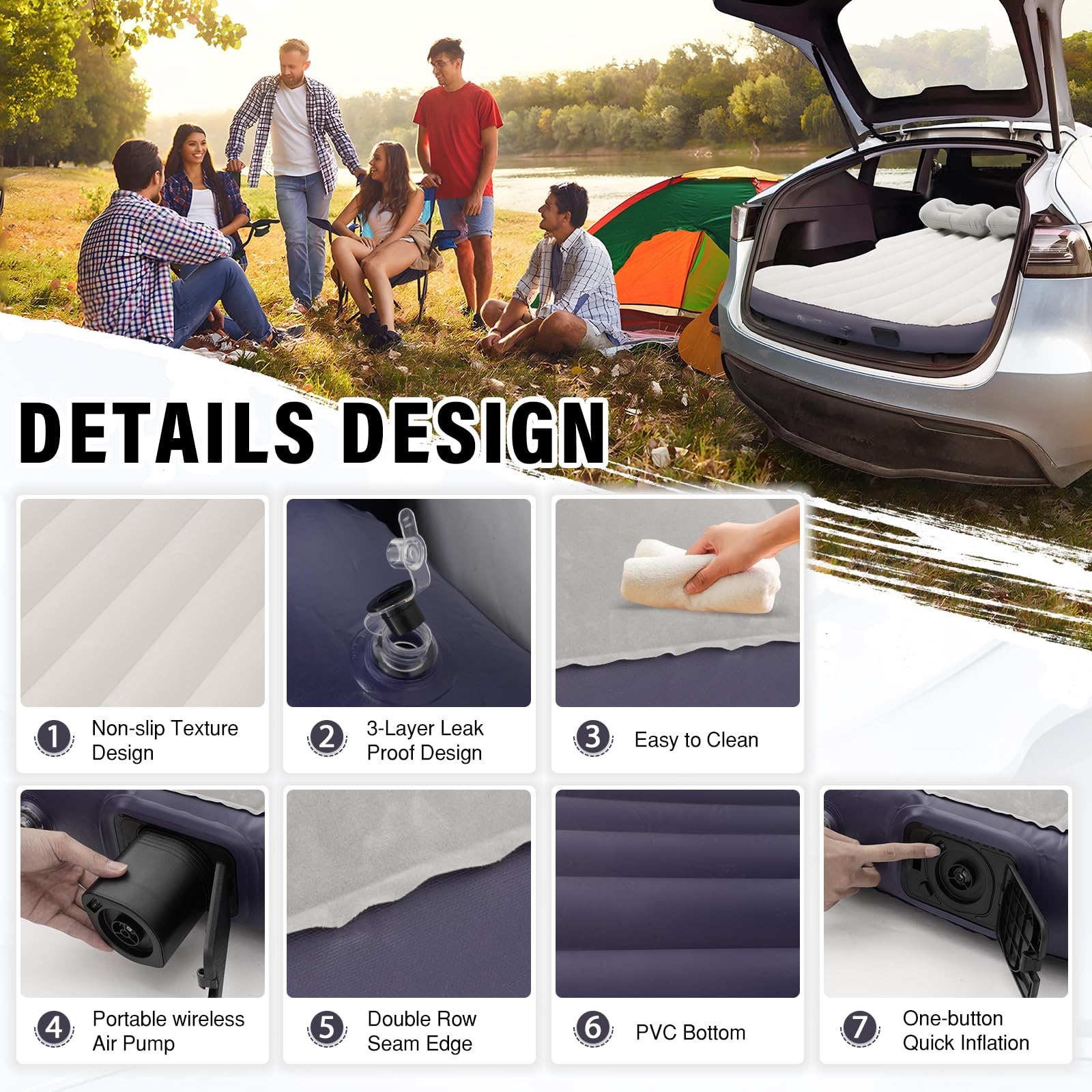 Tesla Model Y Air Mattress 2020-2025 - Self-Inflating Camping Bed with Built-in Pump, Portable Flocking Surface Air Couch for Outdoor Travel & Car Camping Accessories (Beige & Blue) - Perfect for Road Trips, Camping Adventures & Tesla Sleepovers