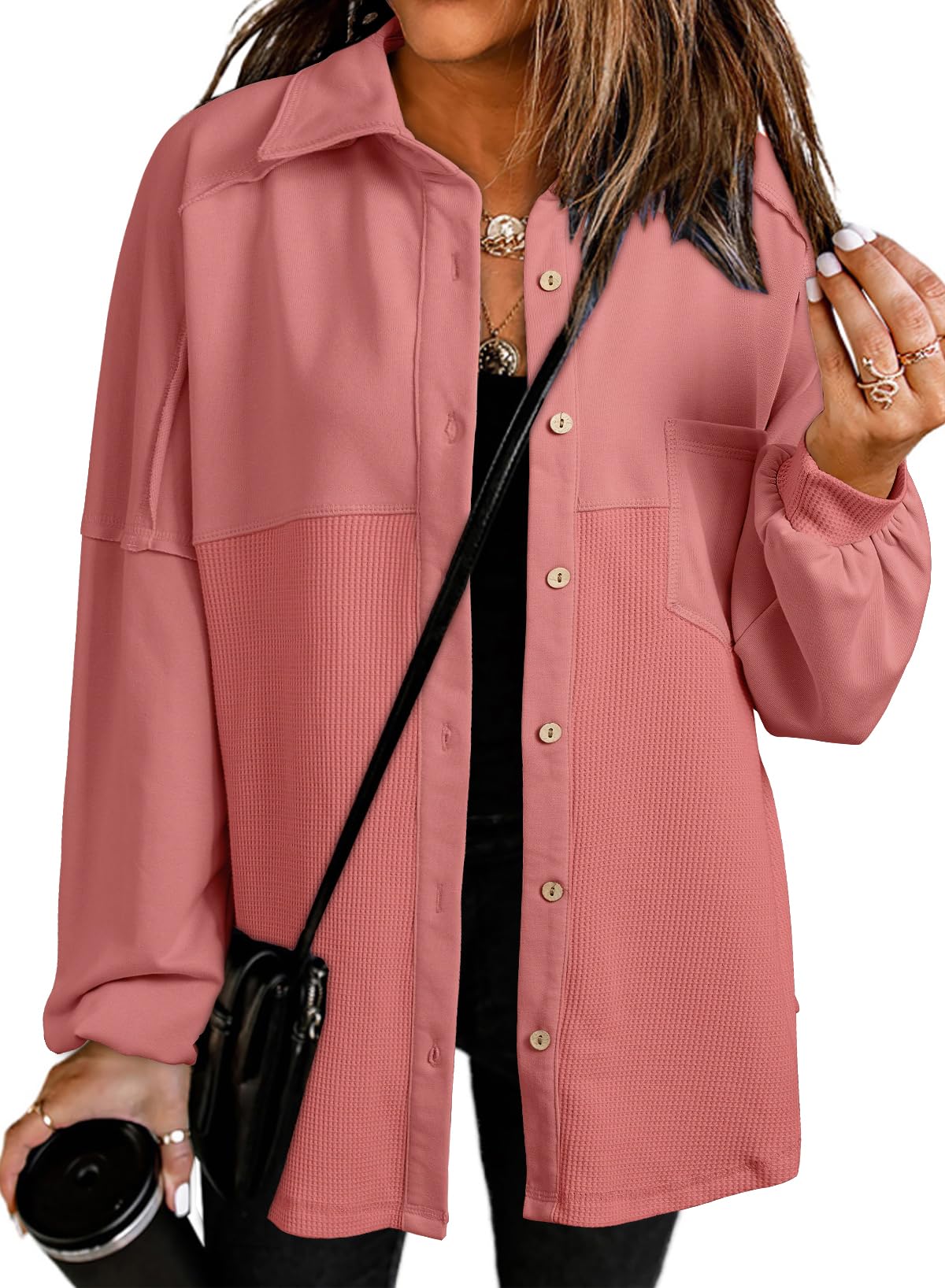 SHEWIN Women's Waffle Knit Shacket - Fall Fashion Button Down Shirt Jacket, Loose Fit Long Sleeve Tops for Casual Outfits & Layering | Perfect for Autumn Outings, Office Wear & Weekend Errands