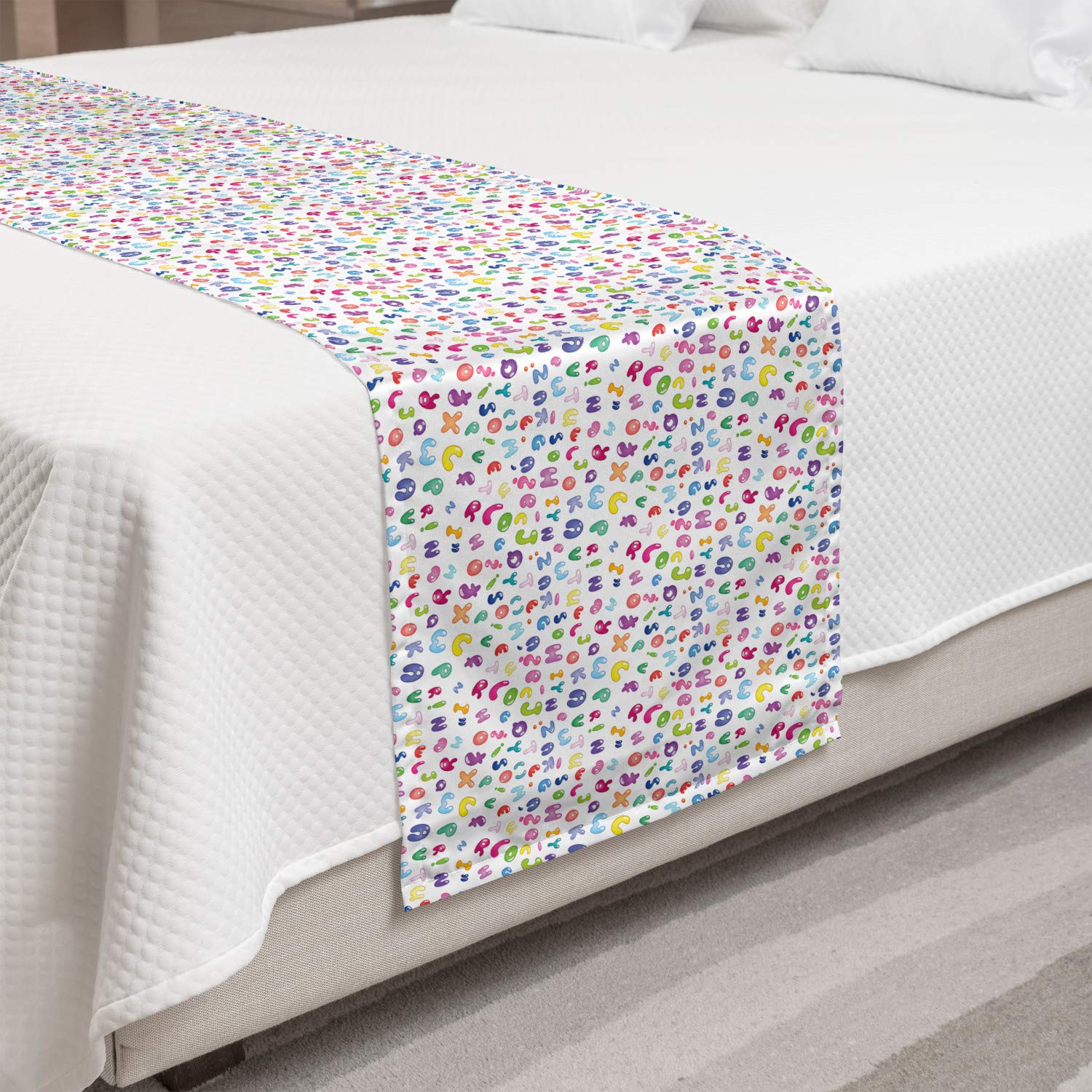 Ambesonne ABC Bed Runner - Colorful Alphabet Bubble Letters Doodle Design, Decorative Bed Scarf for King Size Beds | Perfect for Hotels, Homes & Guest Rooms | Fun Nursery Decor & Kids Room Accent