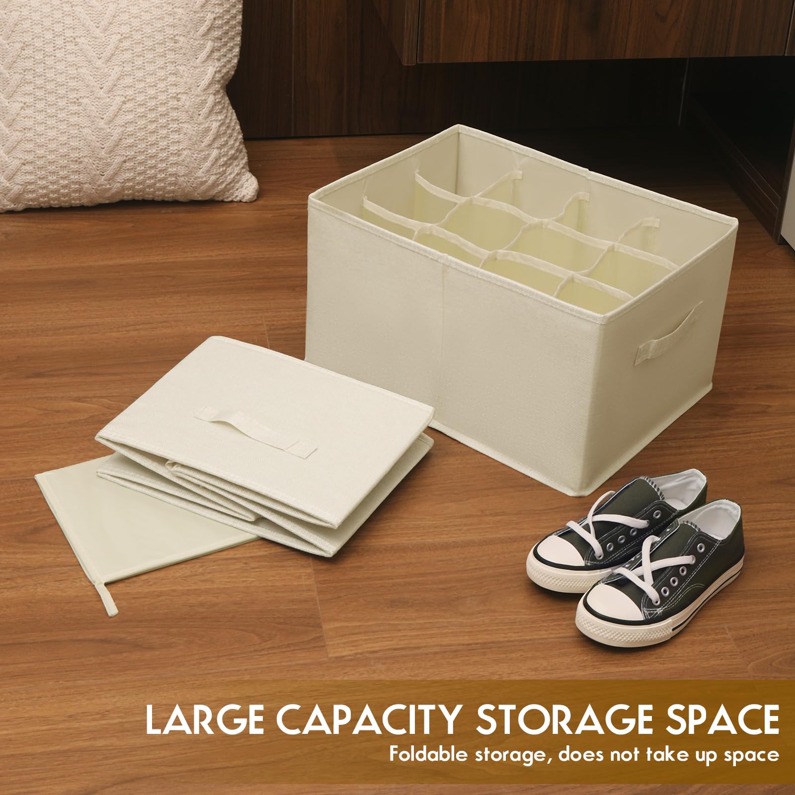 3 Pack Fabric Shoe Organizer for Closet - Foldable Storage Bins Holds 36 Pairs, Cube Cabinet with Reinforced Handles (Beige, 16.5
