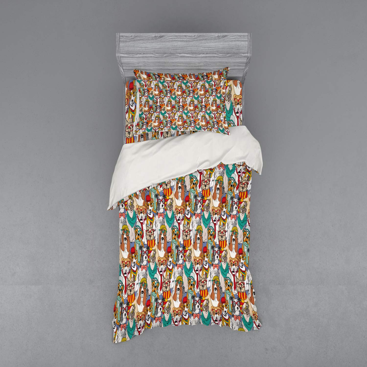 Ambesonne Dog Duvet Cover Set - Hipster Bulldog Schnauzer Pug Breeds with Glasses Hats Scarf Pattern, Colorful Cartoon 3-Piece Bedding Set with Sham & Fitted Sheet, Twin XL Size, Multicolor | Perfect for Kids' Rooms, Dog Lovers' Bedrooms & Unique Home Decor