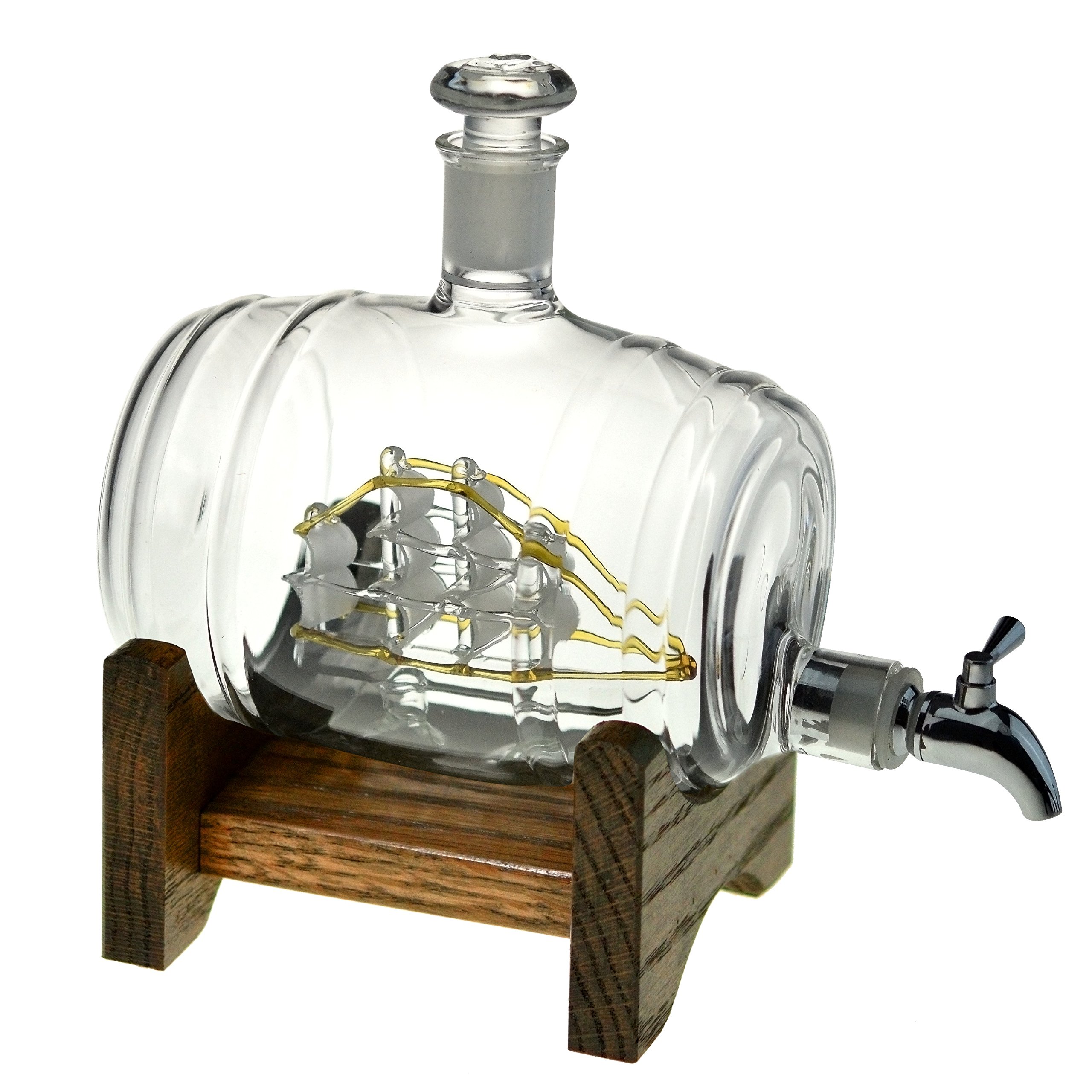 Bourbon Barrel Whiskey Decanter with Ship Design - 1000ml Glass Liquor Dispenser - Nautical Decor & Unique Gift for Men, Women, Whiskey Lovers - Perfect for Home Bar, Retirement Gifts, Sailing & Boating Enthusiasts (Tomoka Gold)