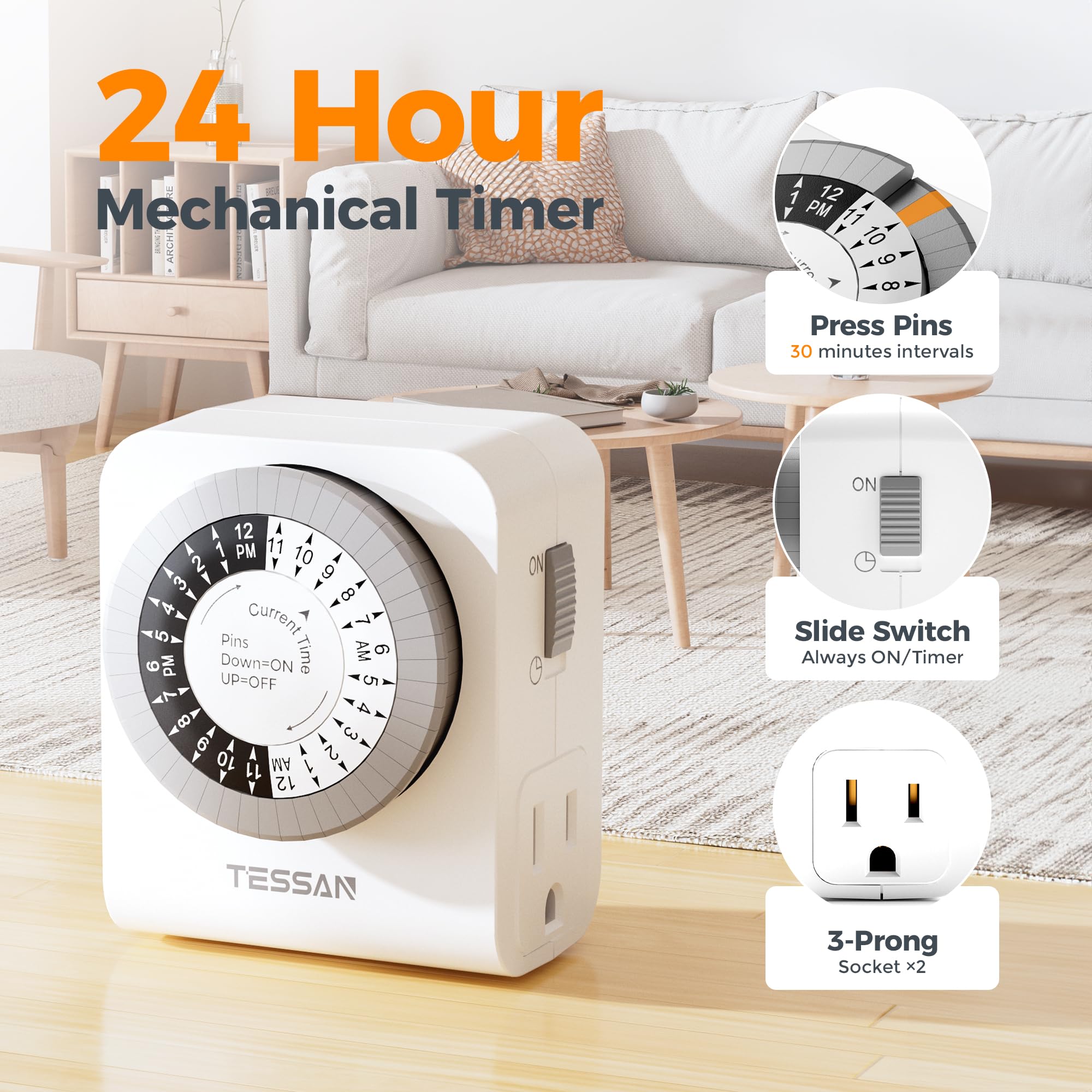 TESSAN 24-Hour Mechanical Outlet Timer with Dual 3-Prong Sockets - 30-Minute Intervals for Lamps, Christmas Lights & Fans - Indoor Electrical Plug Timer (2 Pack) - Perfect for Home, Office & Holiday Decorations