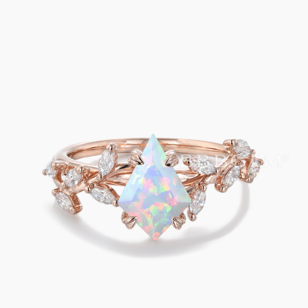 White Opal Engagement Ring - Kite Cut Cluster Leaf Vine Bridal Bypass Ring for Women | Perfect for Weddings, Anniversaries & Romantic Occasions
