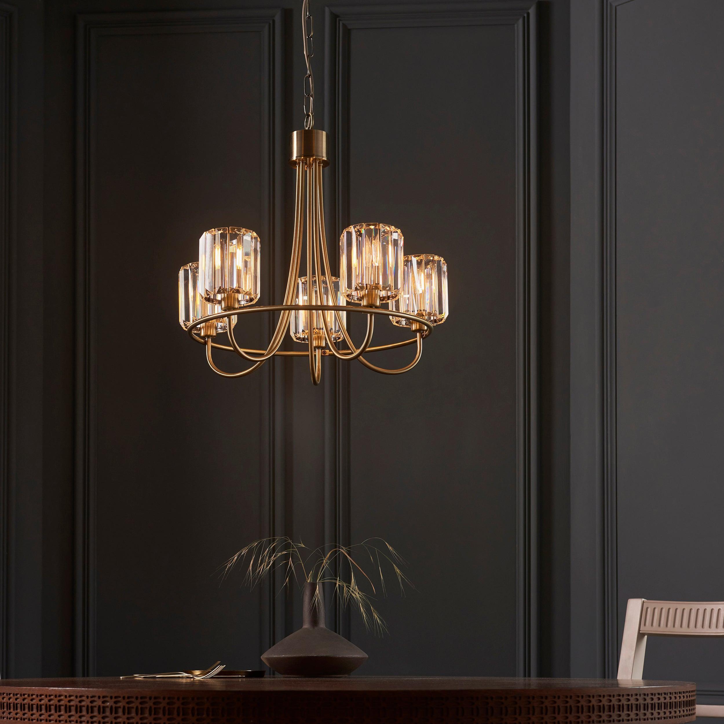 Berenice Brass 5-Light Pendant Chandelier with Clear Cut Glass Shades - Perfect for Dining Room, Kitchen Island, or Entryway Lighting