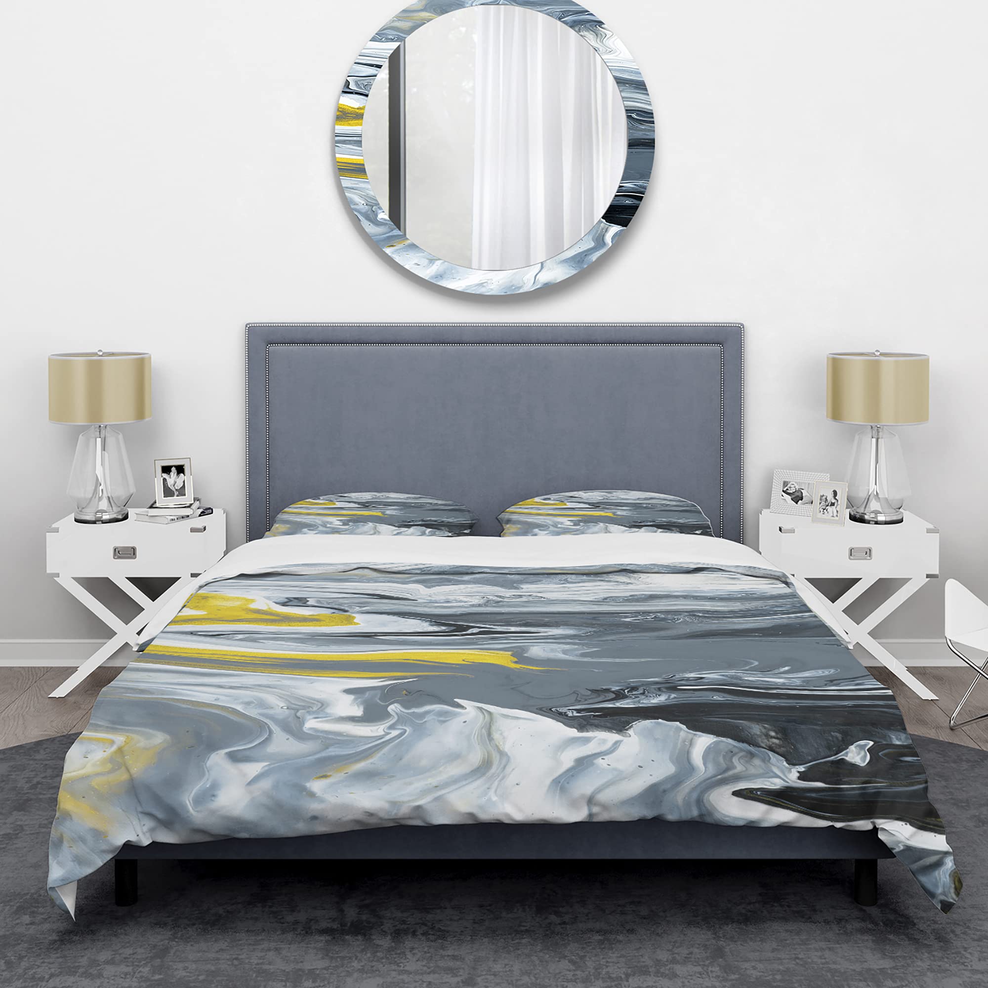 DesignQ Mid-Century Modern Duvet Cover Set - Hand-Painted Marble Acrylic in Yellow, Grey & White | Perfect for Boho Chic Bedrooms & Contemporary Home Decor