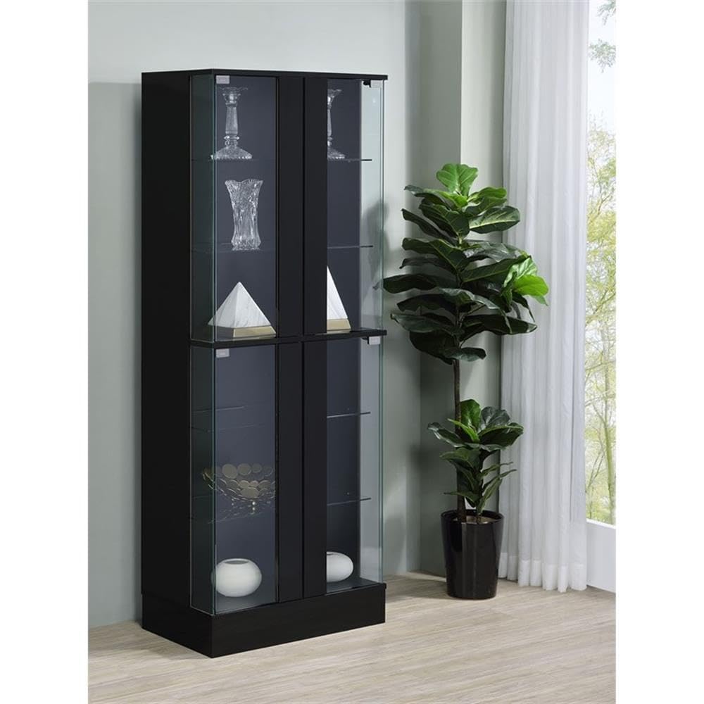 Pemberly Row Wood Display Case Curio Cabinet with LED Lighting - Black High Gloss Finish for Collectibles, China, and Home Decor Showcase