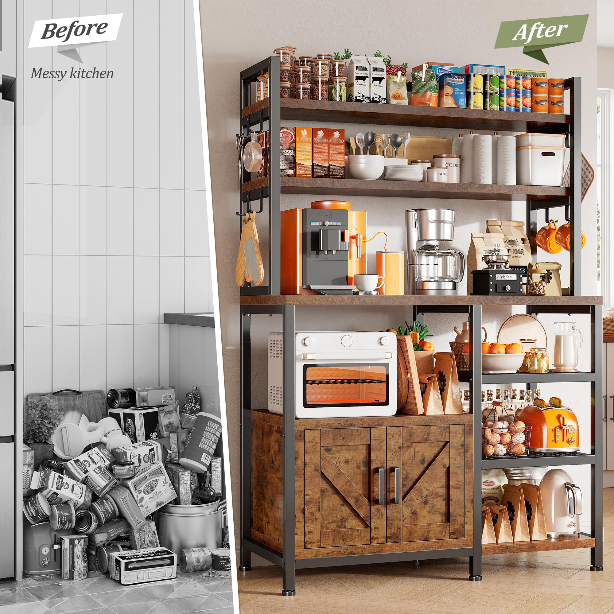 EnHomee Bakers Rack with Storage Cabinet - 6 Tier Kitchen Organizer with 8 Side Hooks, Large Capacity Microwave Stand for Coffee Bar & Kitchen Storage - Perfect for Small Spaces, Apartments & Home Organization