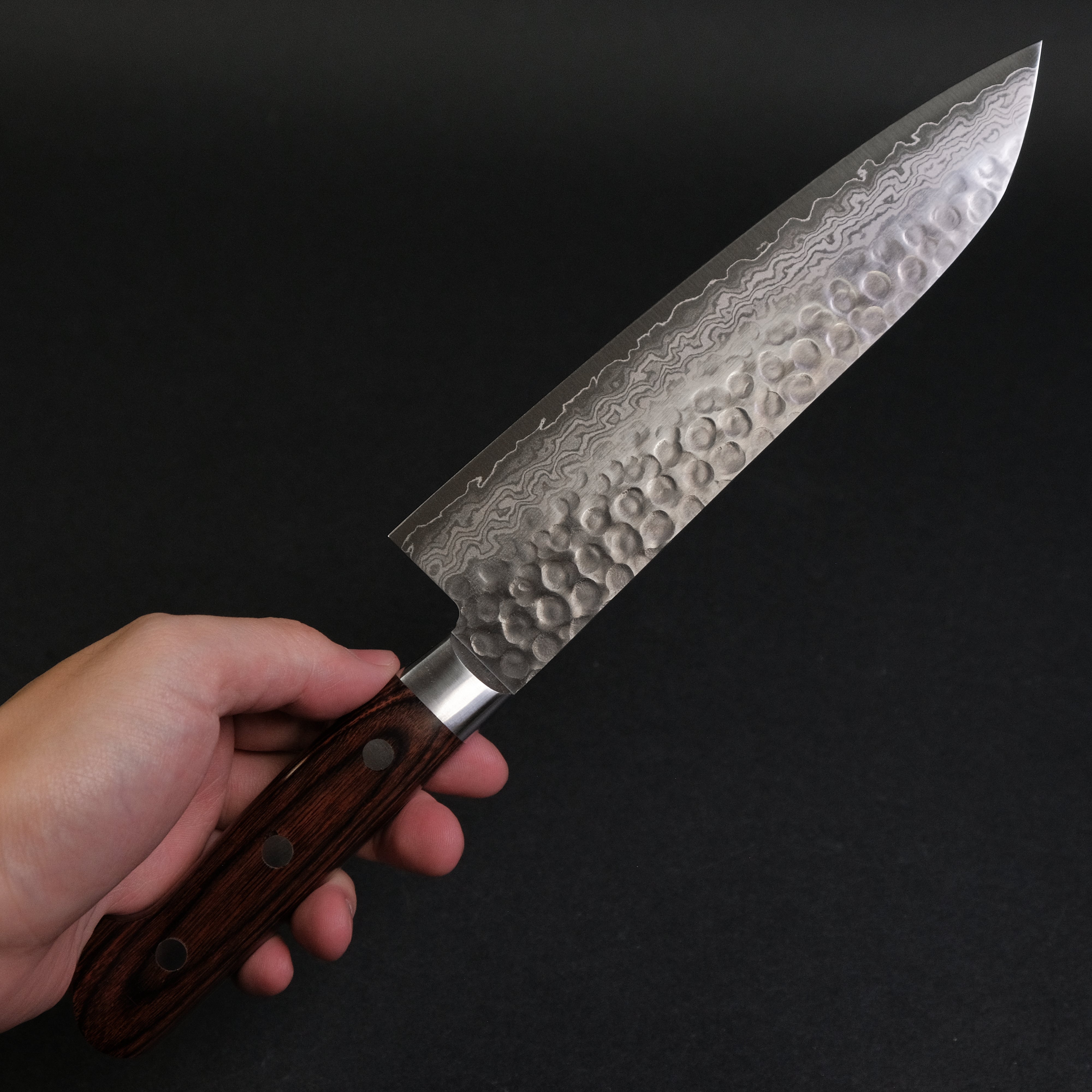 Hitohira HG Tsuchime Damascus Santoku Knife 185mm - Japanese Chef Knife with Imitation Mahogany Handle - Perfect for Slicing, Dicing, and Chopping Vegetables, Meat, and Fish