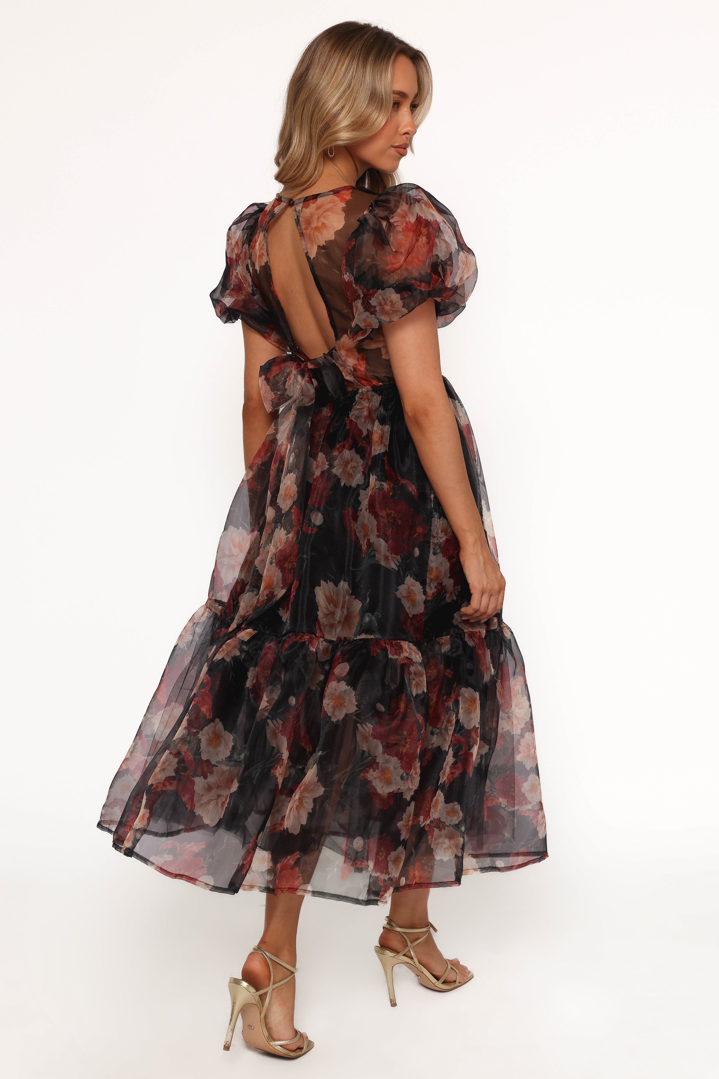 Elspeth Black Floral Midi Dress - Elegant Women's Casual & Party Wear for Summer Outings, Dates, and Office Events