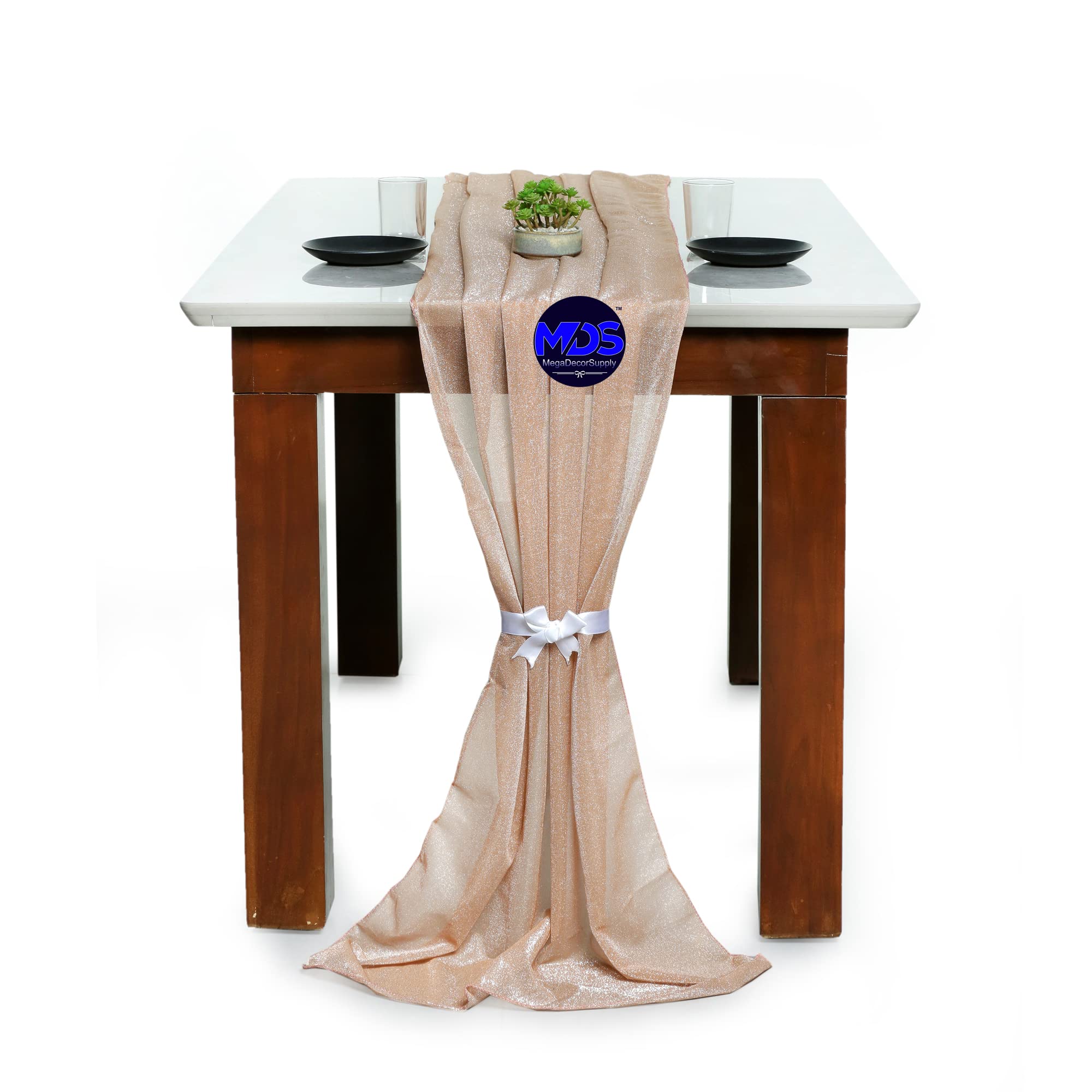 25-Pack Peach Wedding Table Runners 27x120 Inch - Fancy Sparkle Zari Banquet Decor for 10ft Tables | Elegant Wedding Reception, Anniversary & Party Decoration