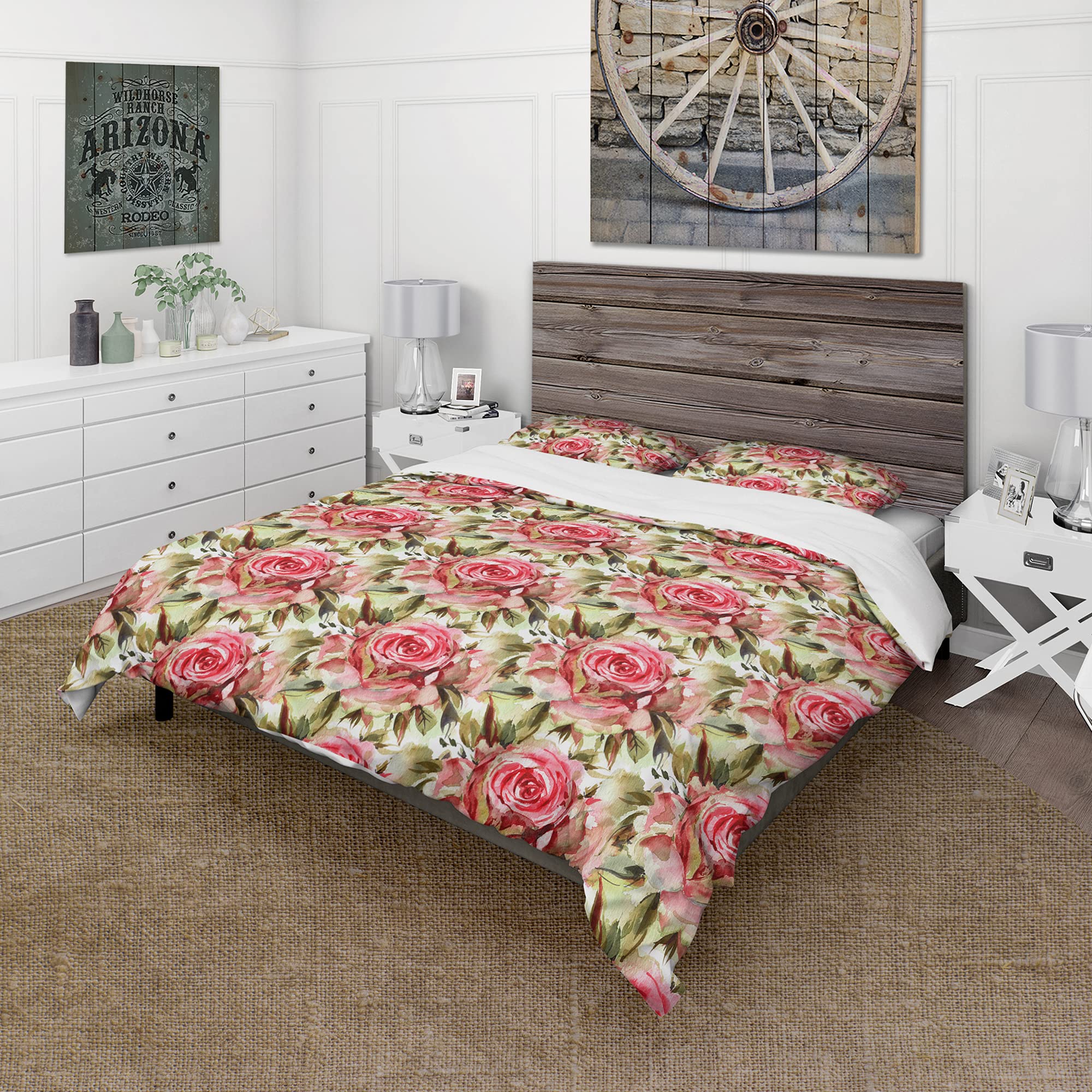 DesignQ Blossoming Roses Watercolor Floral Duvet Cover Set - Queen Size Bedding with Matching Pillowcases - Perfect for Spring Decor, Guest Room Makeover & Romantic Bedroom Aesthetics