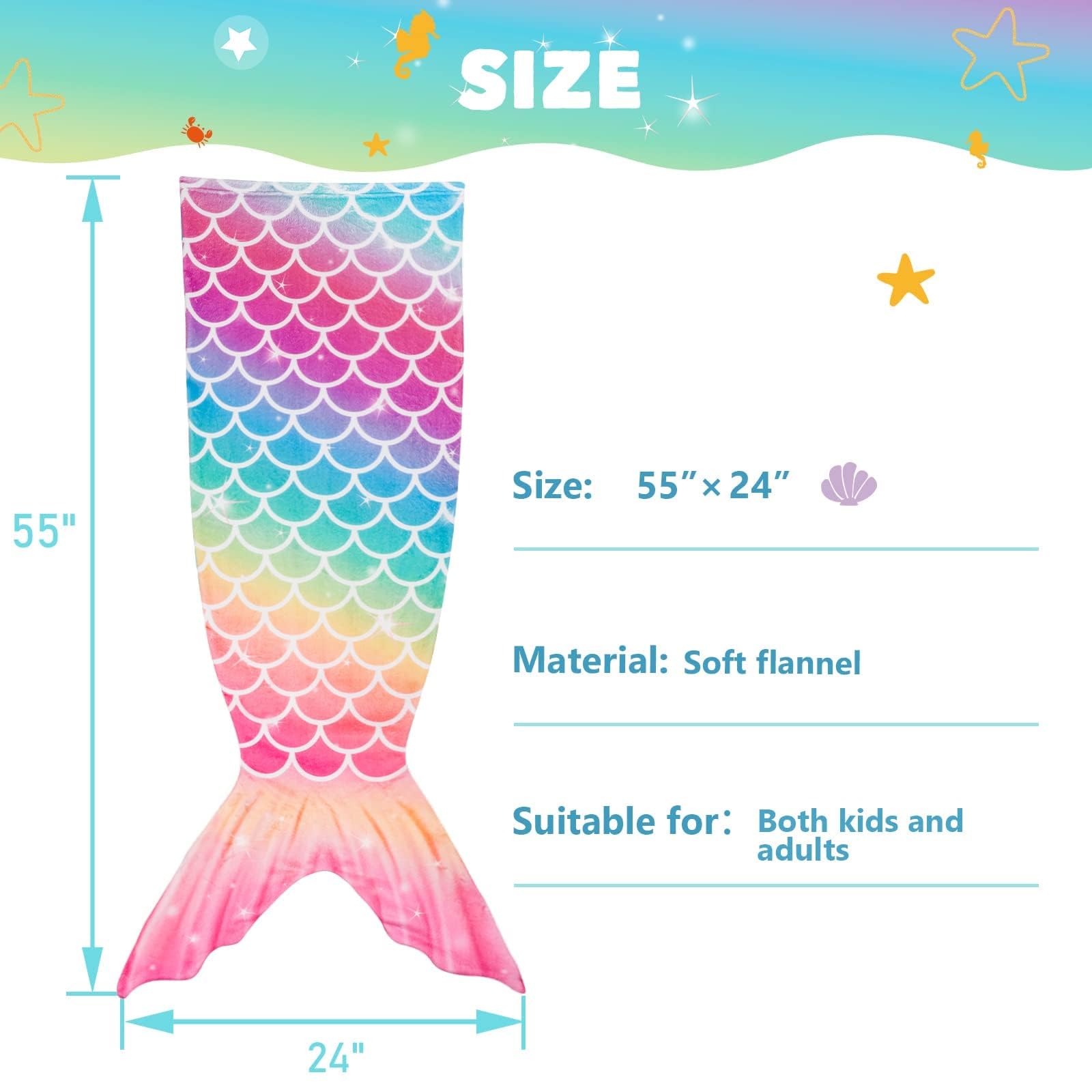 WERNNSAI Mermaid Tail Blanket for Girls & Teens - Soft Flannel Wearable Blanket, Cozy Sleeping Bag with Mermaid Scales, 55