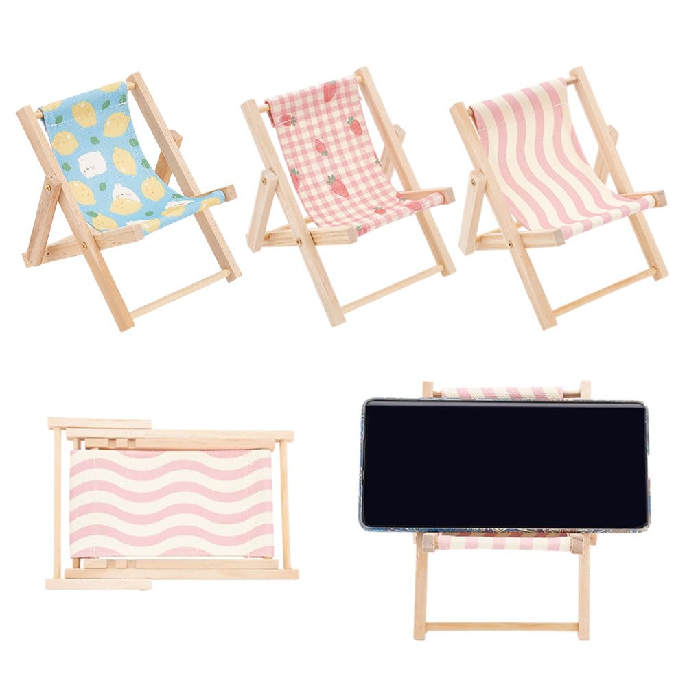 WEBEEDY 3-Piece Wooden Canvas Beach Chair Phone Stand - Foldable Mini Desktop Cell Phone Holder for iPhone & Android (3 Styles) | Perfect for Beach, Poolside, Office & Home Decor