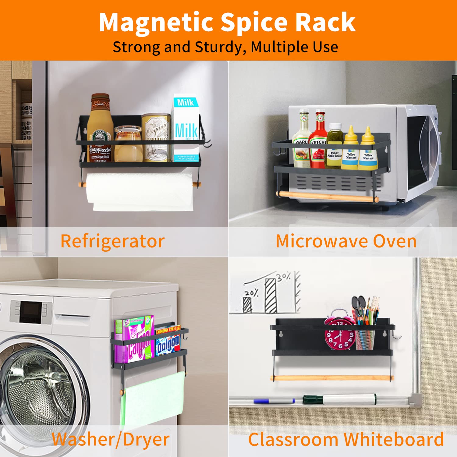 Aitmexcn Magnetic Spice Rack with Paper Towel Holder - Wall Mounted Spice Organizer Shelf for Kitchen, Pantry & RV - Space Saving Seasoning Storage Solution for Home Cooking & Camping
