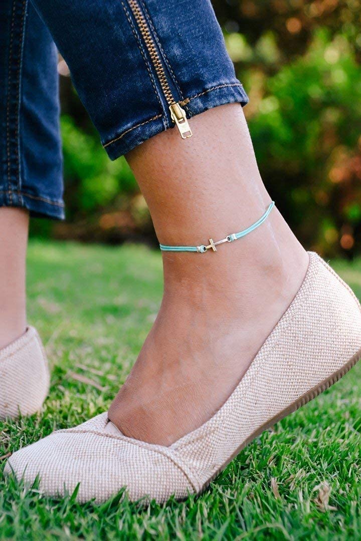 Silver Cross Anklet - Christian Catholic Ankle Bracelet with Turquoise Cord, Religious Jewelry Gift for Her, Bridesmaids, Baptism & Wedding