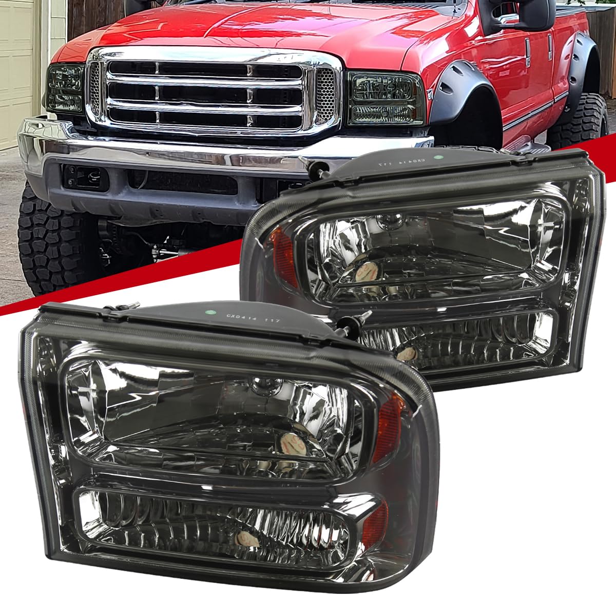 1999-2004 Ford Super Duty & 2000-2004 Excursion Smoked Headlights - 1PC Replacement Headlamps for Improved Night Visibility | Perfect for Off-Roading, Truck Upgrades & Night Driving