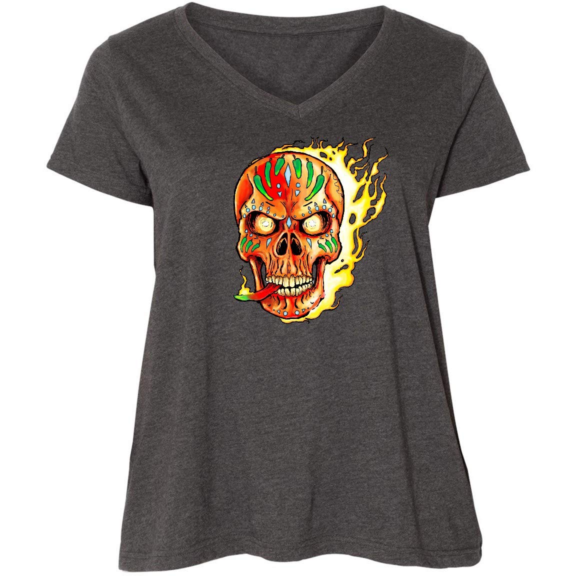 Inktastic Hot Sauce Hot Pepper Skull ON FIRE Women's Plus Size V-Neck T-Shirt - Spicy Food Lover Gift, Casual Wear & Graphic Tee for Women
