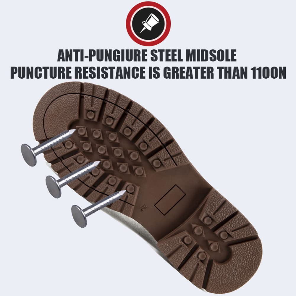 Aocase Steel Toe Safety Shoes for Men & Women - Lightweight Non-Slip Work Boots with Puncture Proof Protection - Anti-Smashing Industrial Sneakers for Construction, Warehouse & Outdoor Work (Khaki, Size 47)