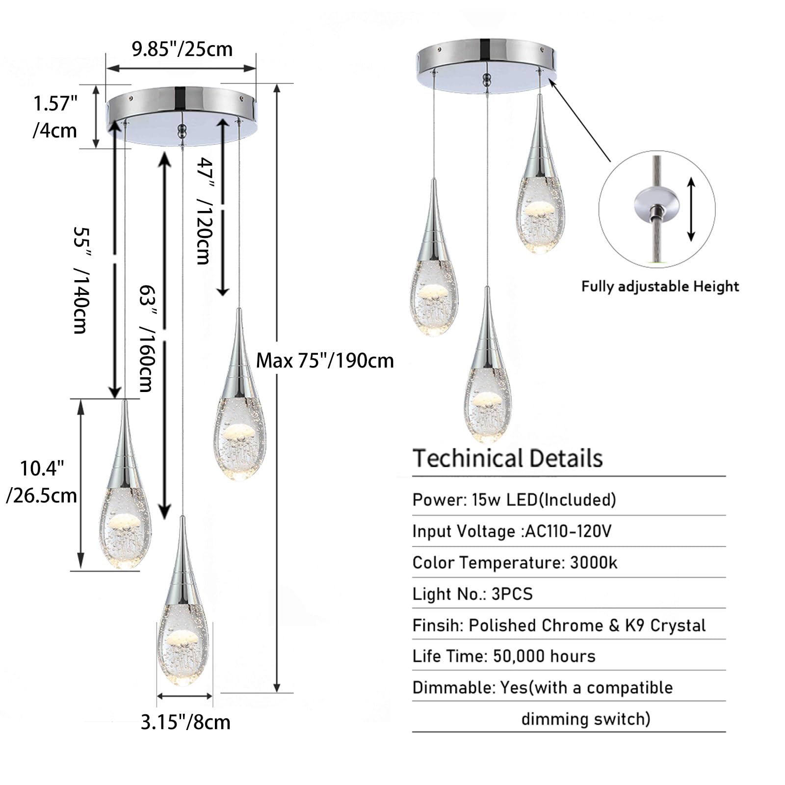 JoollySun Crystal Pendant Light Fixtures - Modern 3-Light Cluster Chandelier for Kitchen Island, Dining Room & Bathroom - Elegant Lighting for Home Decor & Interior Design