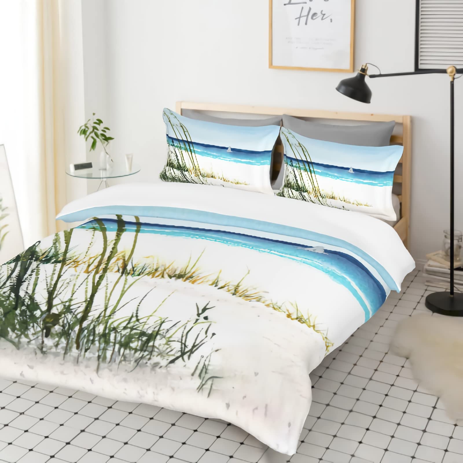 GREDBH Queen Size Beach Duvet Cover Set - Ocean Wave Design with 2 Pillowcases, 3-Piece 100% Soft Microfiber Bedding Set (Comforter Not Included) | Perfect for Coastal Themed Bedrooms, Vacation Homes & Summer Decor
