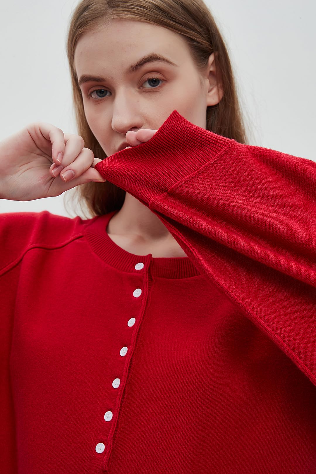 Ladyful Women's Long Sleeve Henley Sweatshirt - Button Up V Neck Pullover Sweater - Loose Cropped Casual Tops for Fall & Winter | Perfect for Work, Date Night & Weekend Outfits
