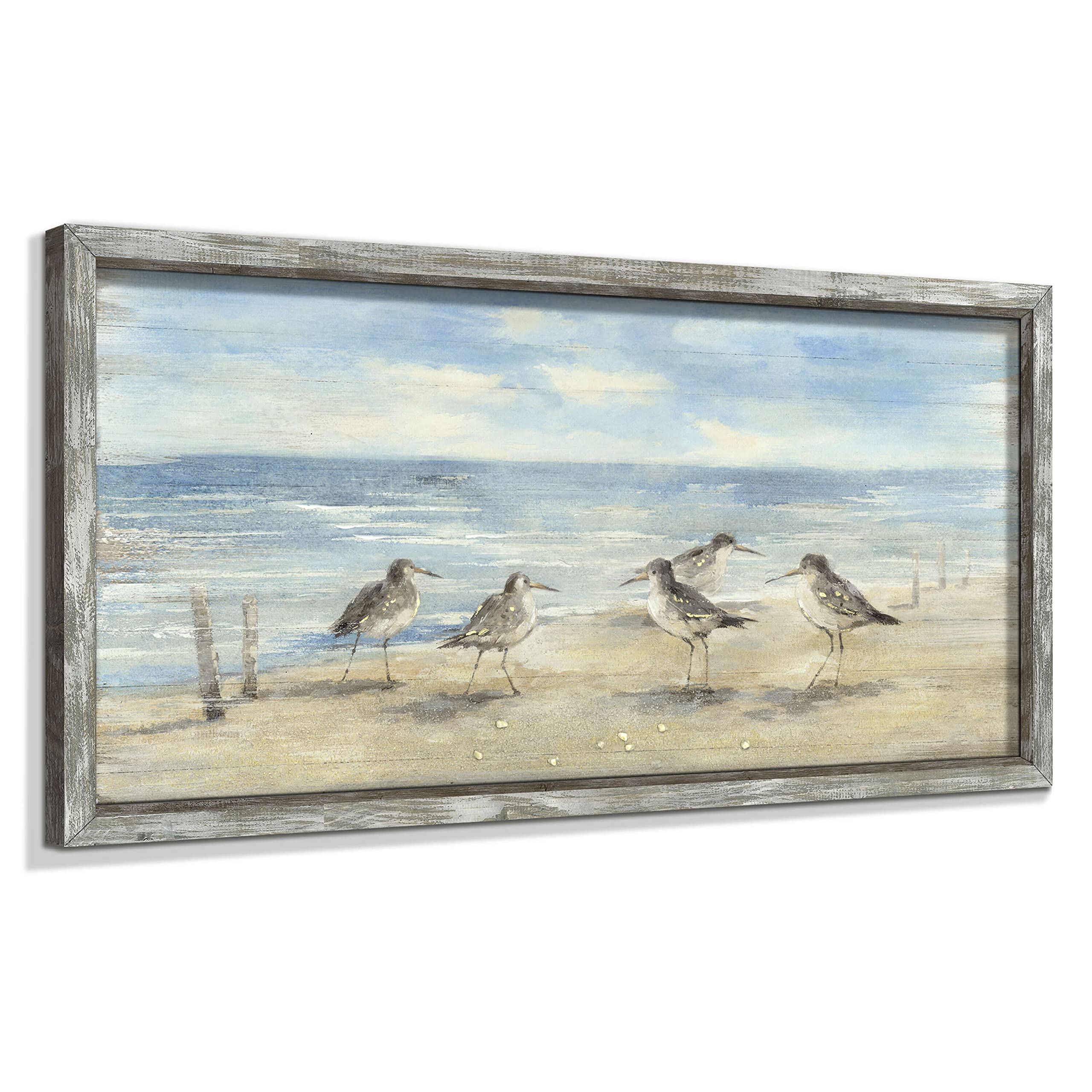 Abstract Ocean Wall Art - Coastal Oil Painting Style Seagulls Picture Printed on Wood, Beach Framed Painting Wall Decor 24