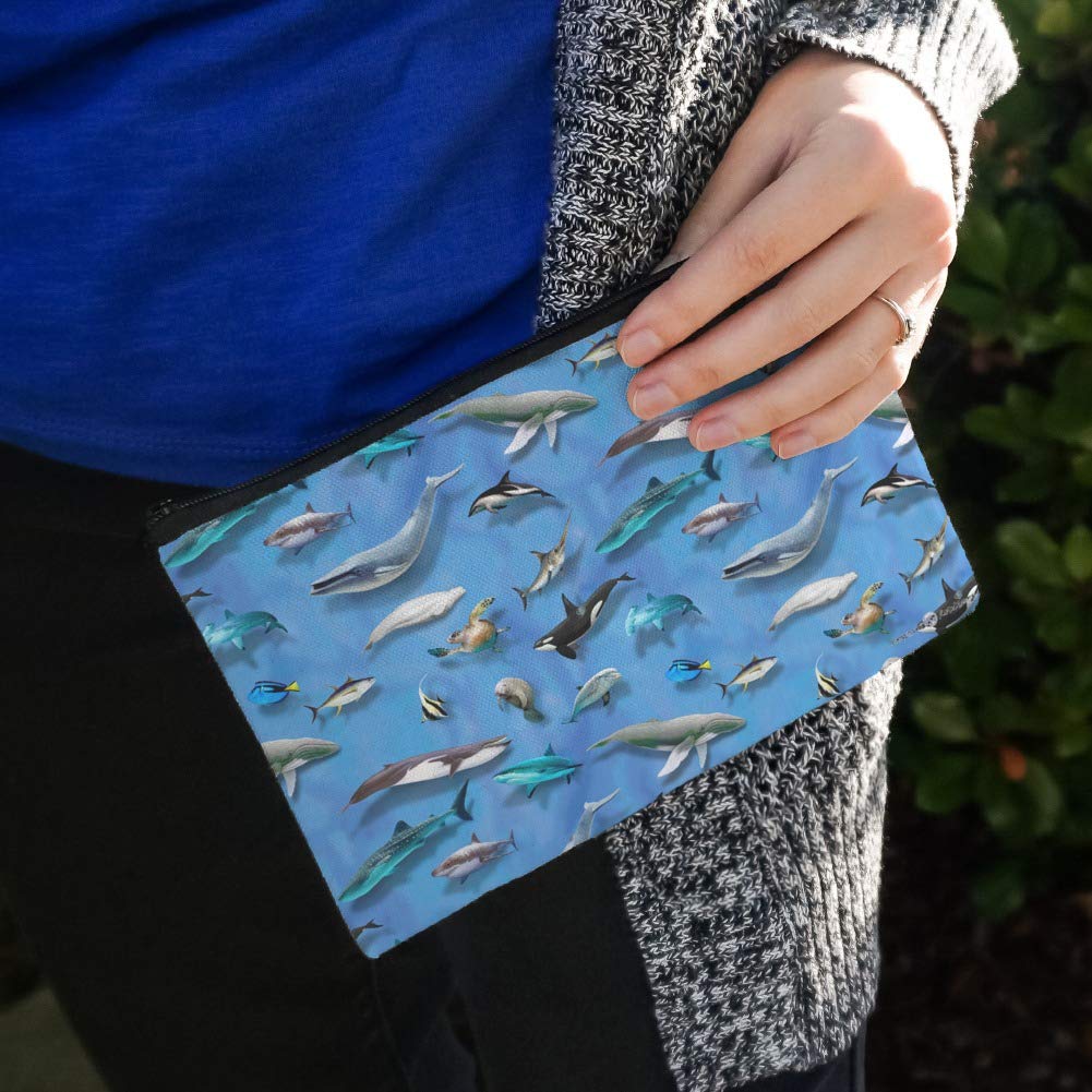 Whale Dolphin Manatee Shark Pattern Makeup Bag - Waterproof Cosmetic Organizer Pouch for Travel, Beach & Swimming (Ocean Life Theme)