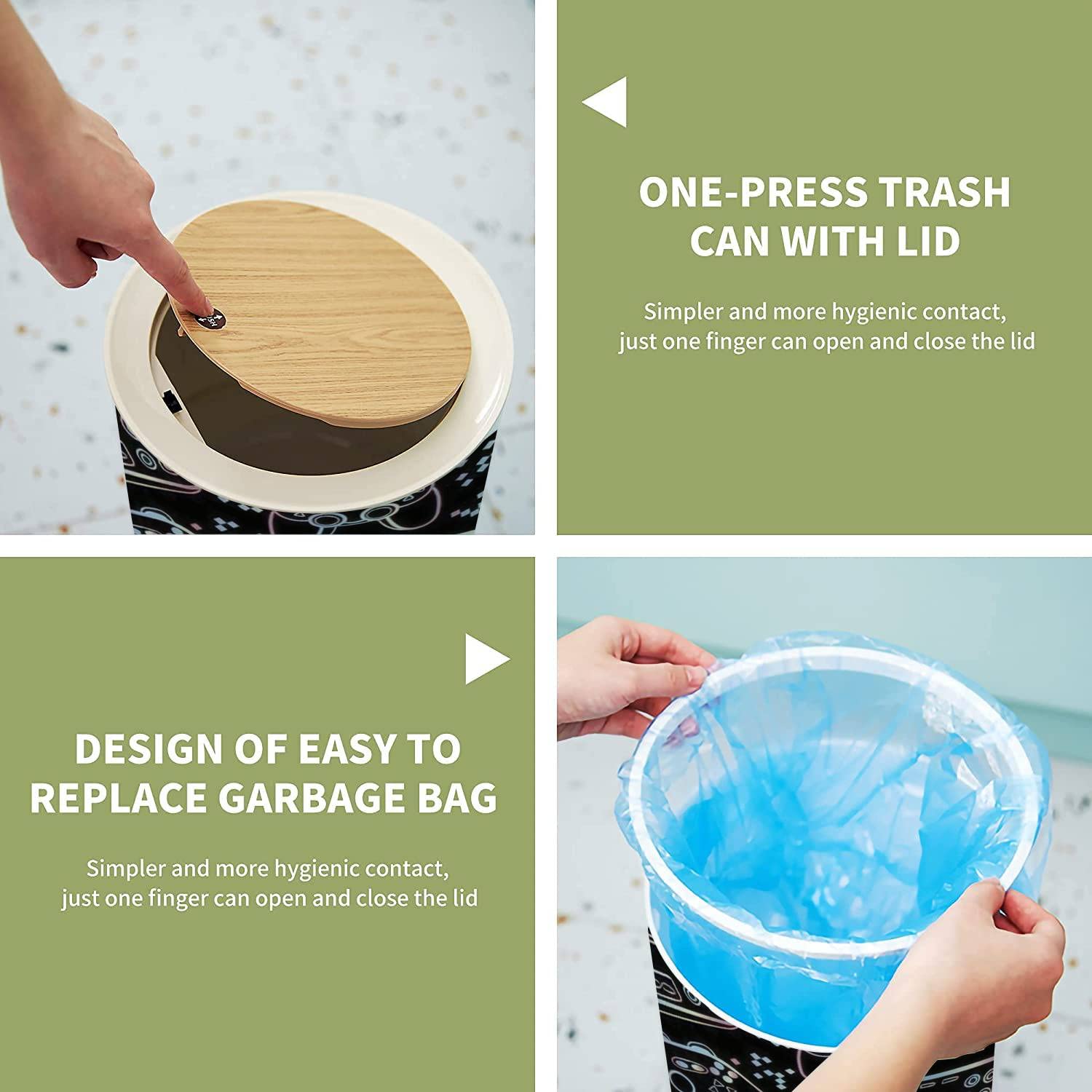 Small Round Trash Can with Lid - 7L/1.8 Gallon Wooden Waste Bin for Bathroom, Bedroom, Kitchen & Nursery - Cute Kawaii Design for Kids & Boys - Perfect for Gaming Rooms, Home Decor & Office Spaces (8.66x14.3 inches)