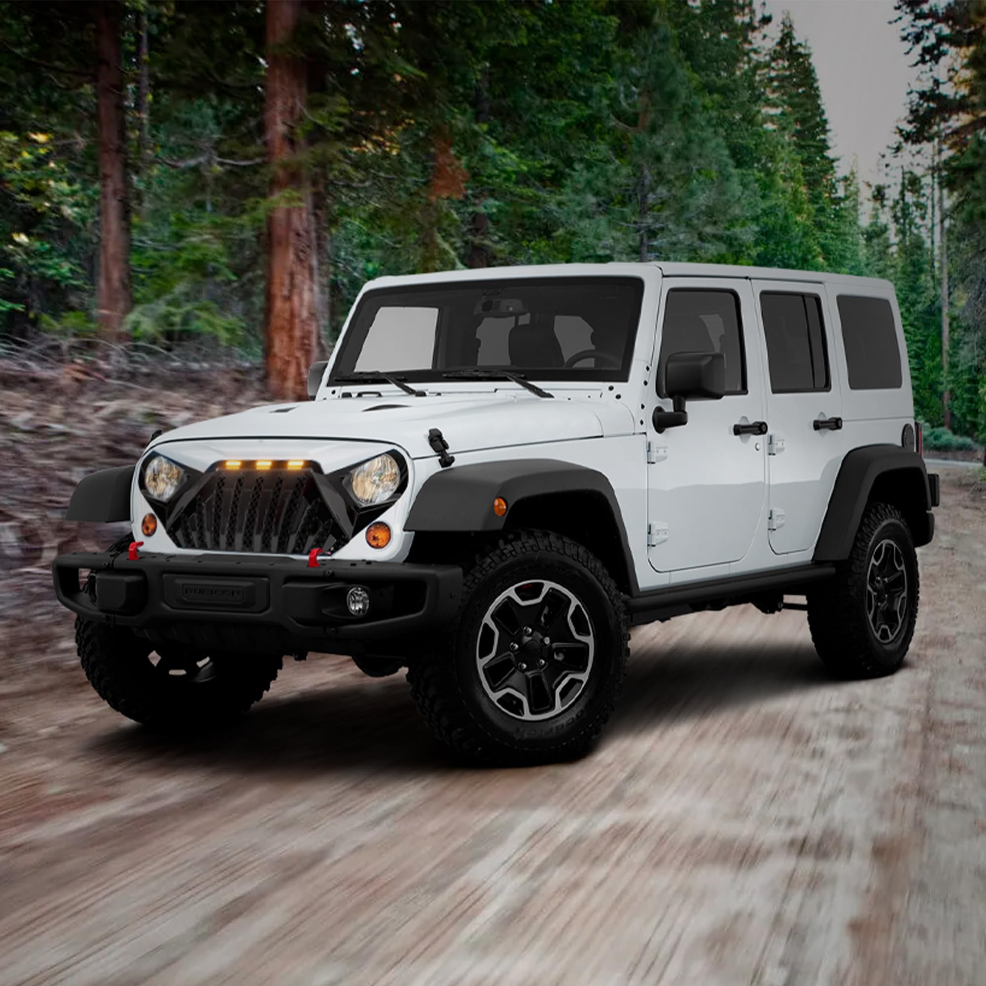 AM Heavy Duty Aggressive Goliath Grille for 2007-2018 Jeep Wrangler JK with LED Amber Running Lights - White/Black | Off-Road Upgrade & Custom Styling for Jeep Enthusiasts